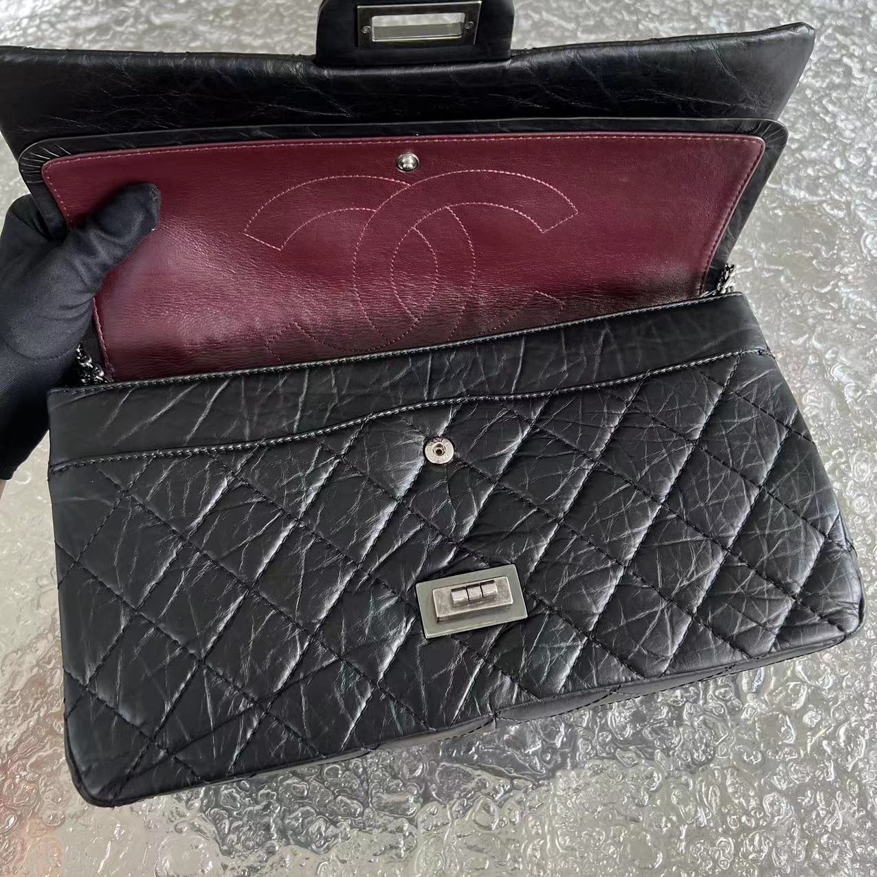 Chanel 2.55 227 31CM Quilted Calfskin Black Ruthenium Silver Hardware Series 14 - Luxury Evermore