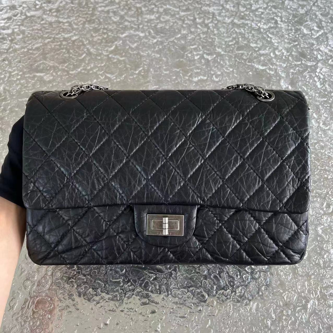 Chanel 2.55 227 31CM Quilted Calfskin Black Ruthenium Silver Hardware Series 14 - Luxury Evermore