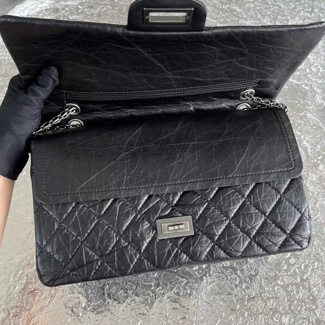 Chanel 2.55 227 31CM Quilted Calfskin Black Ruthenium Silver Hardware Series 14 - Luxury Evermore