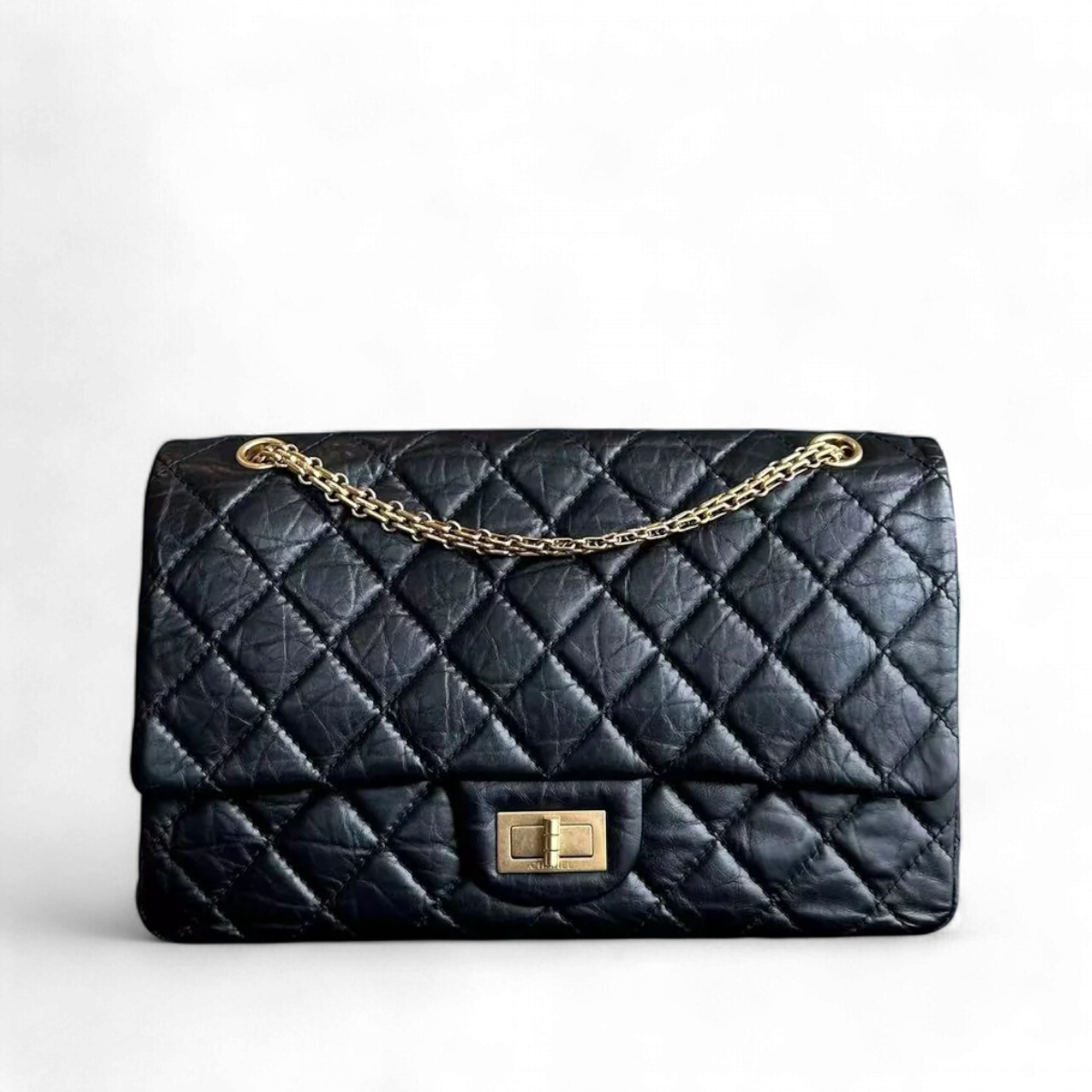 2.55 227 Large 31CM Quilted Calfskin Black Golden Hardware Series 14