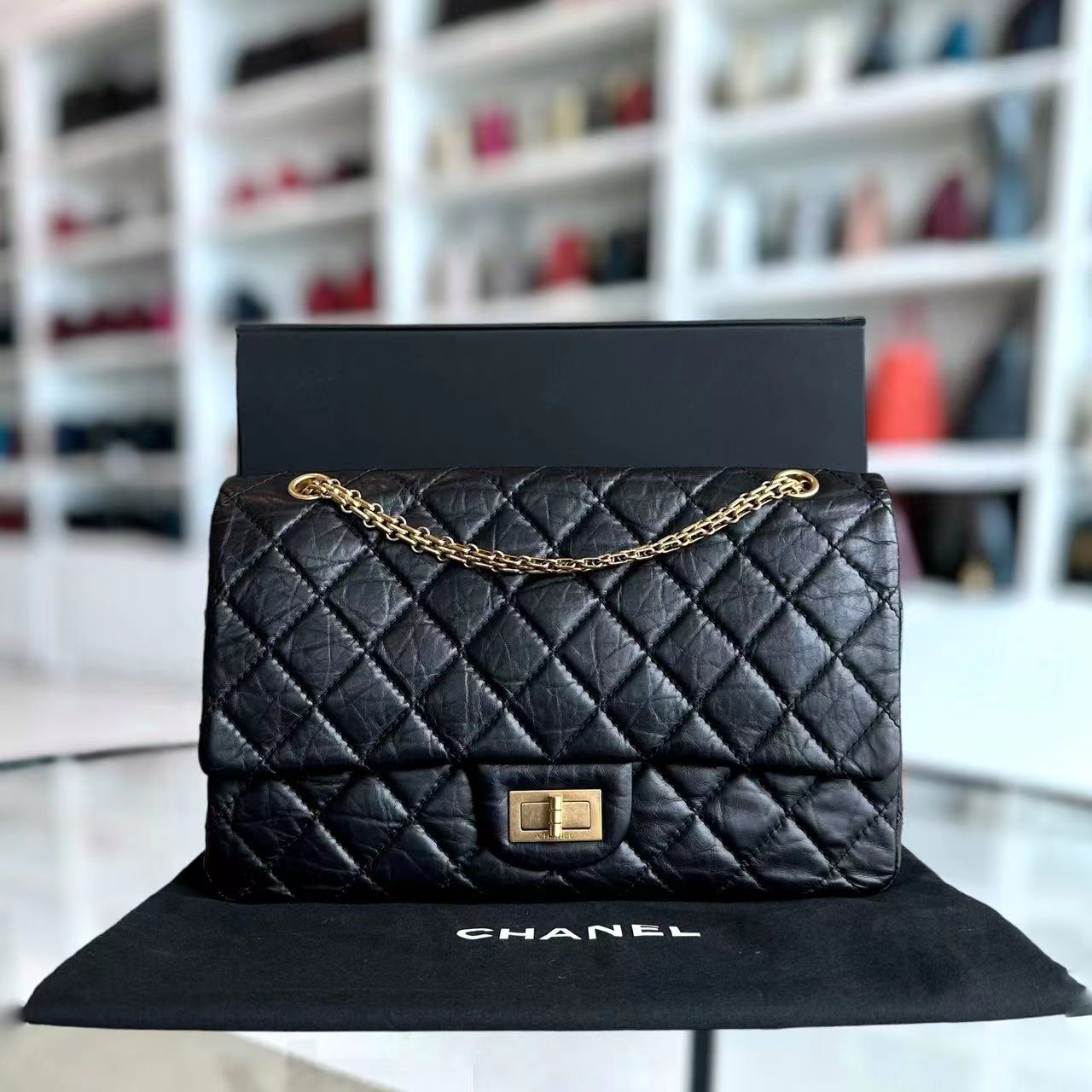 Chanel 2.55 227 Large 31CM Quilted Calfskin Black Golden Hardware Series 15 - Luxury Evermore