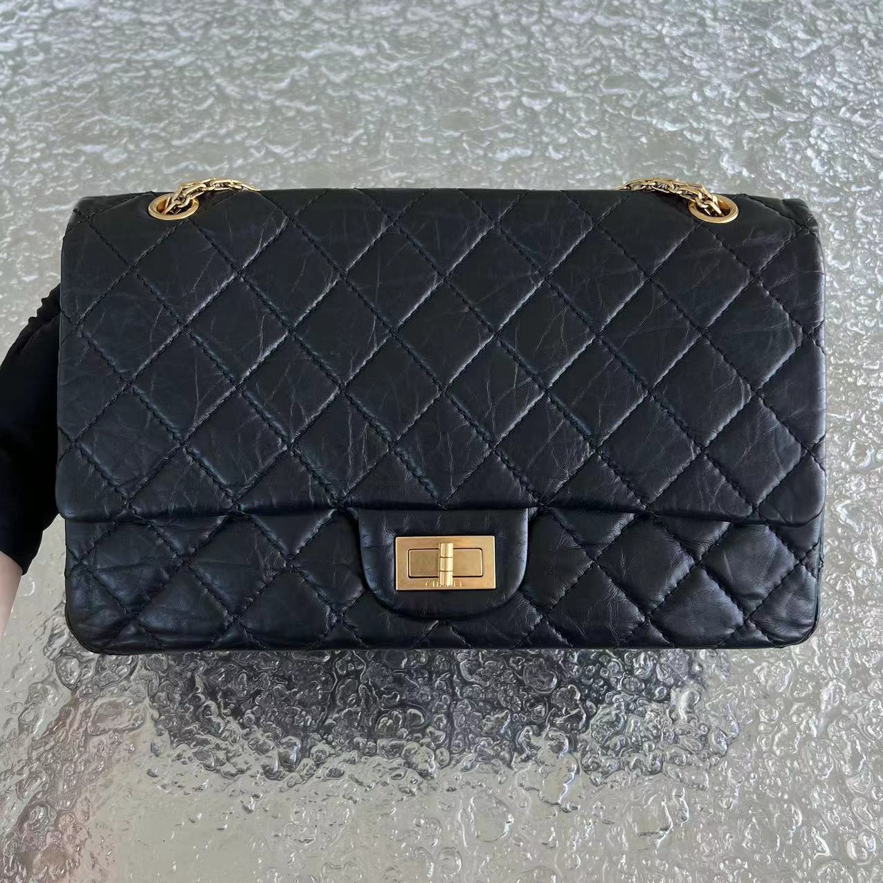 Chanel 2.55 227 Large 31CM Quilted Calfskin Black Golden Hardware Series 15 - Luxury Evermore