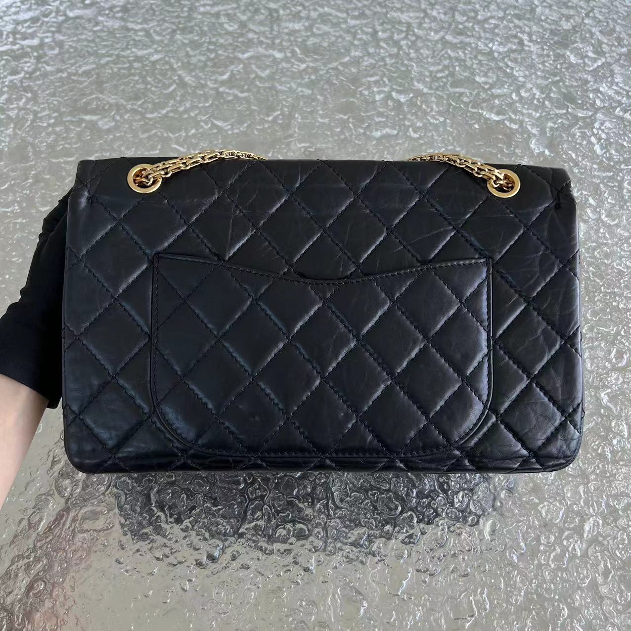 Chanel 2.55 227 Large 31CM Quilted Calfskin Black Golden Hardware Series 15 - Luxury Evermore