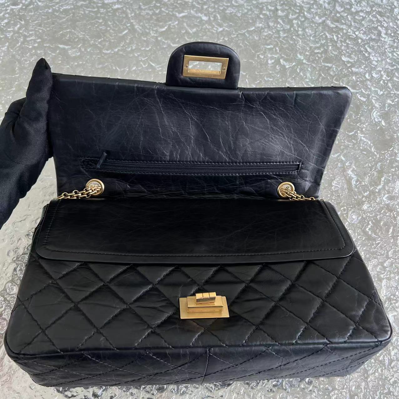 Chanel 2.55 227 Large 31CM Quilted Calfskin Black Golden Hardware Series 15 - Luxury Evermore