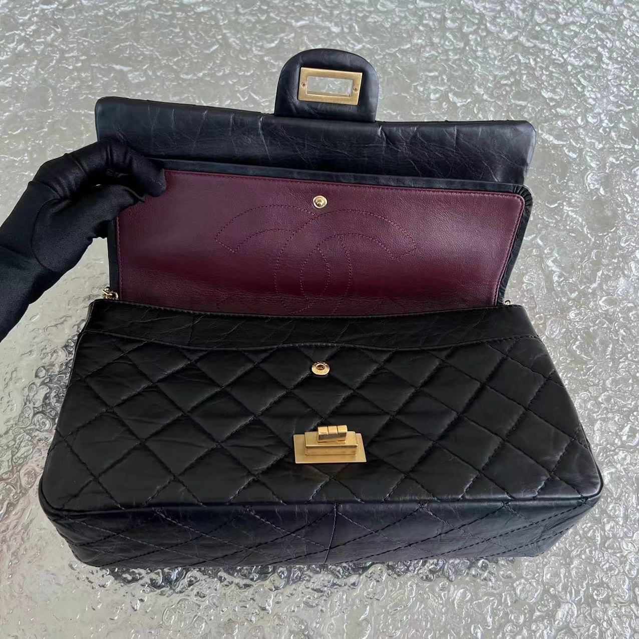 Chanel 2.55 227 Large 31CM Quilted Calfskin Black Golden Hardware Series 15 - Luxury Evermore