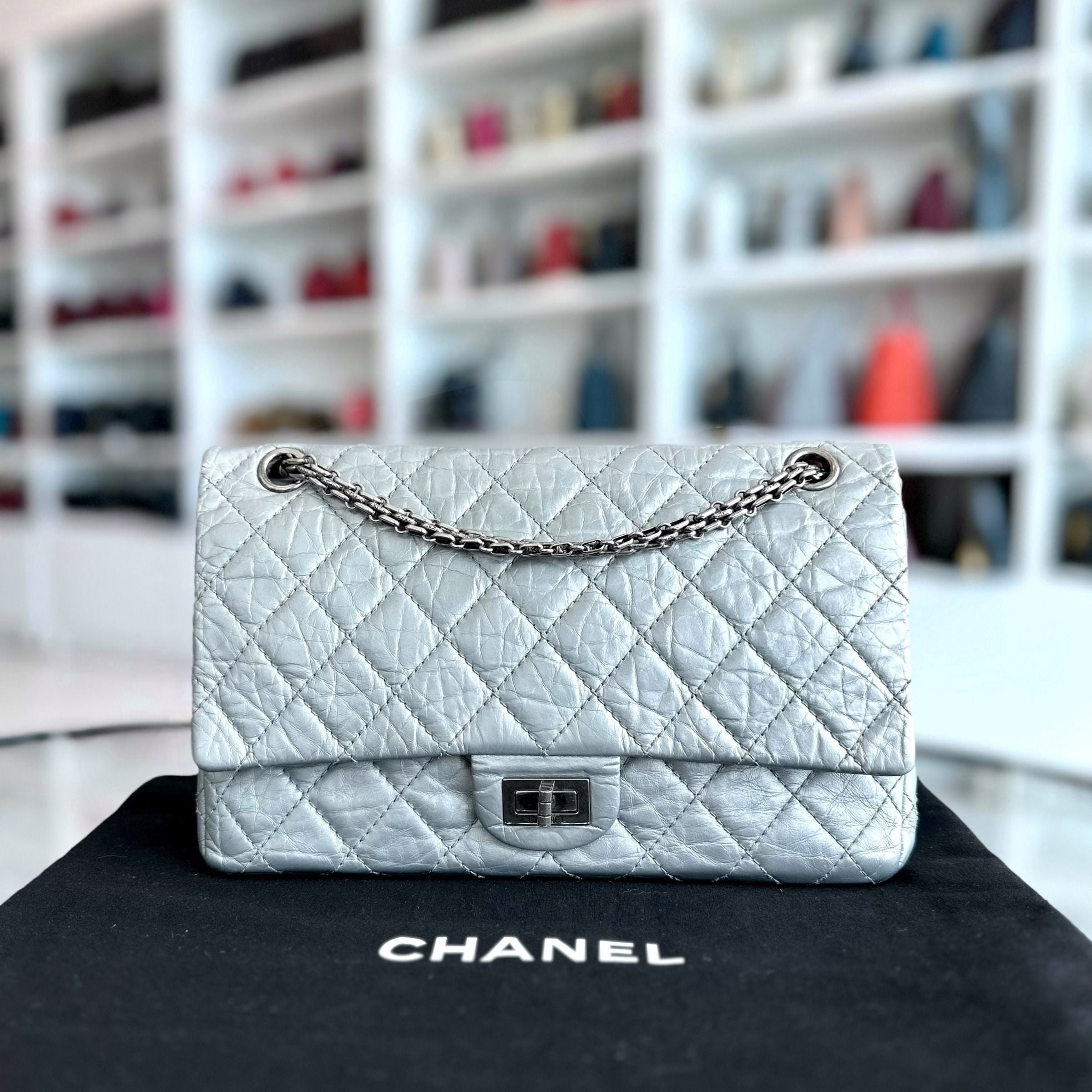 Chanel 2.55 266 Medium 28CM Reissue Double Flap Quilted Aged Calfskin Silver RSHW No 15 - Luxury Evermore