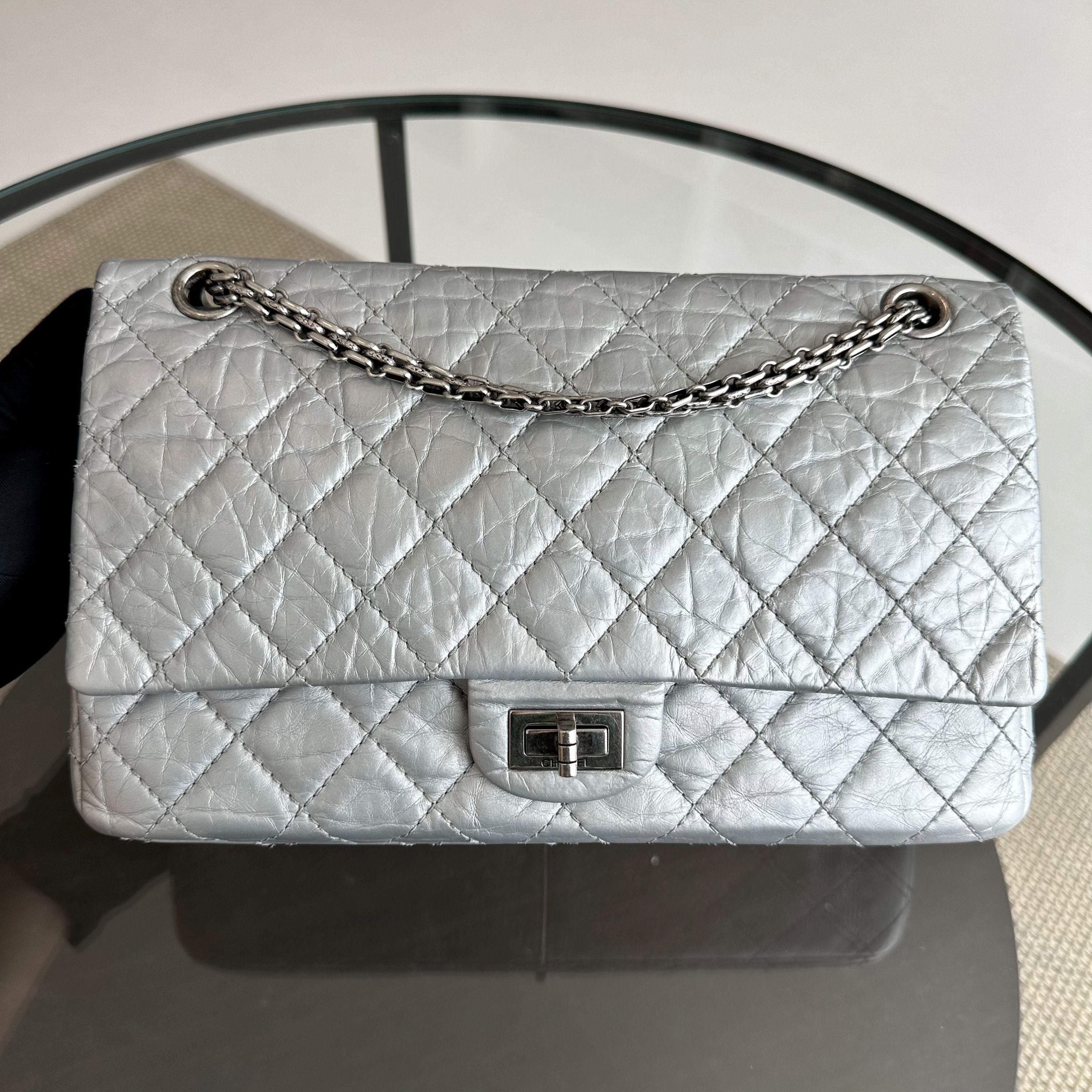 Chanel 2.55 266 Medium 28CM Reissue Double Flap Quilted Aged Calfskin Silver RSHW No 15 - Luxury Evermore