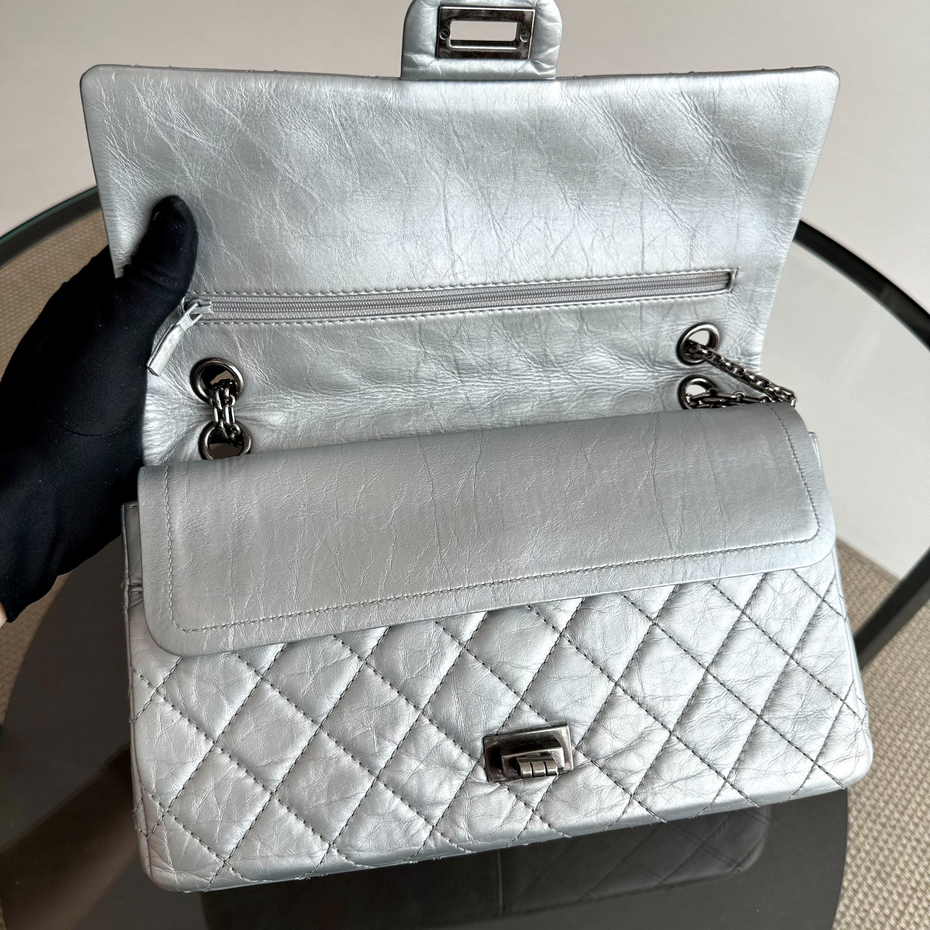 Chanel 2.55 266 Medium 28CM Reissue Double Flap Quilted Aged Calfskin Silver RSHW No 15 - Luxury Evermore