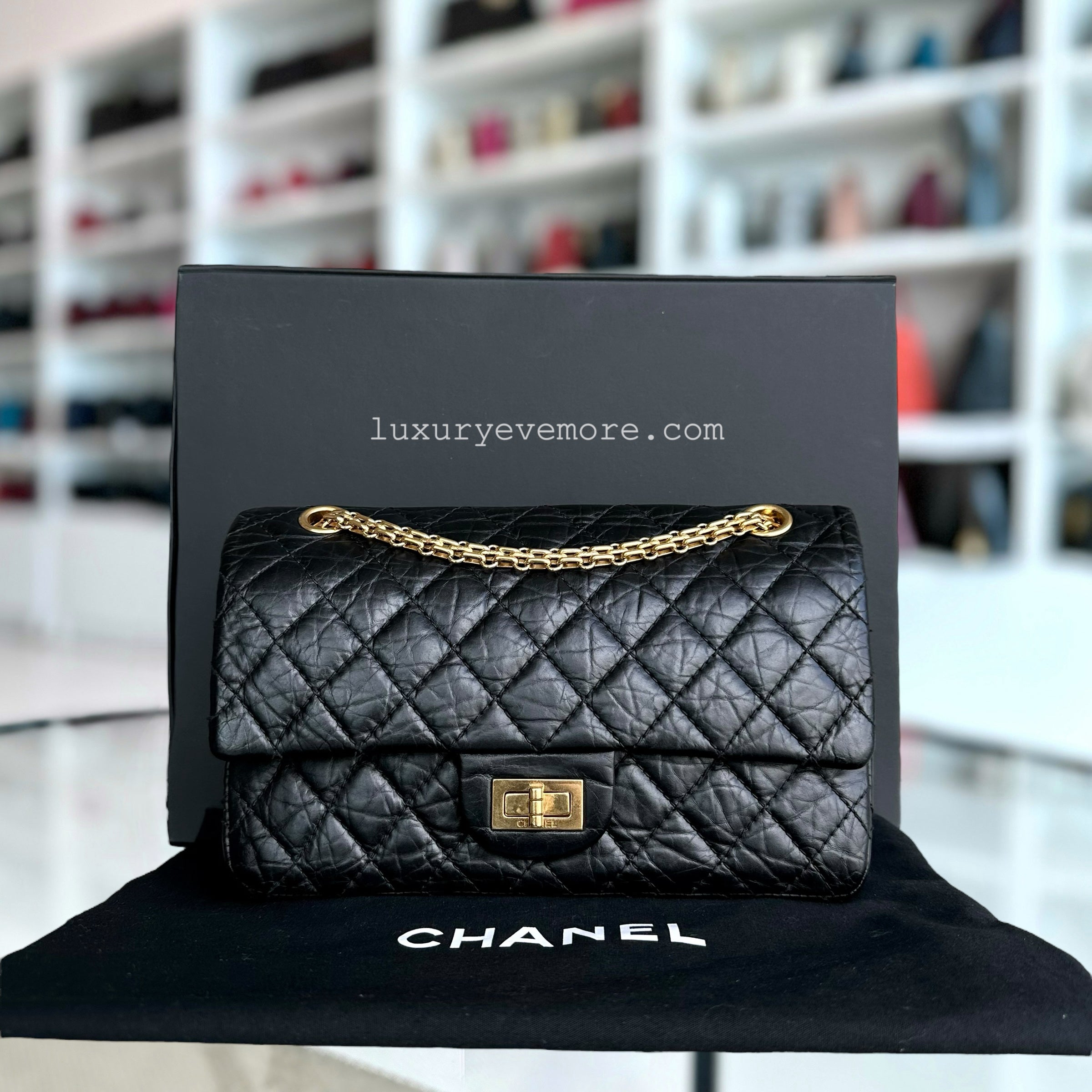 Chanel 2.55 Reissue 225 Medium 24CM Quilted Calfskin Black Ruthenium Golden Hardware Series 13 - Luxury Evermore