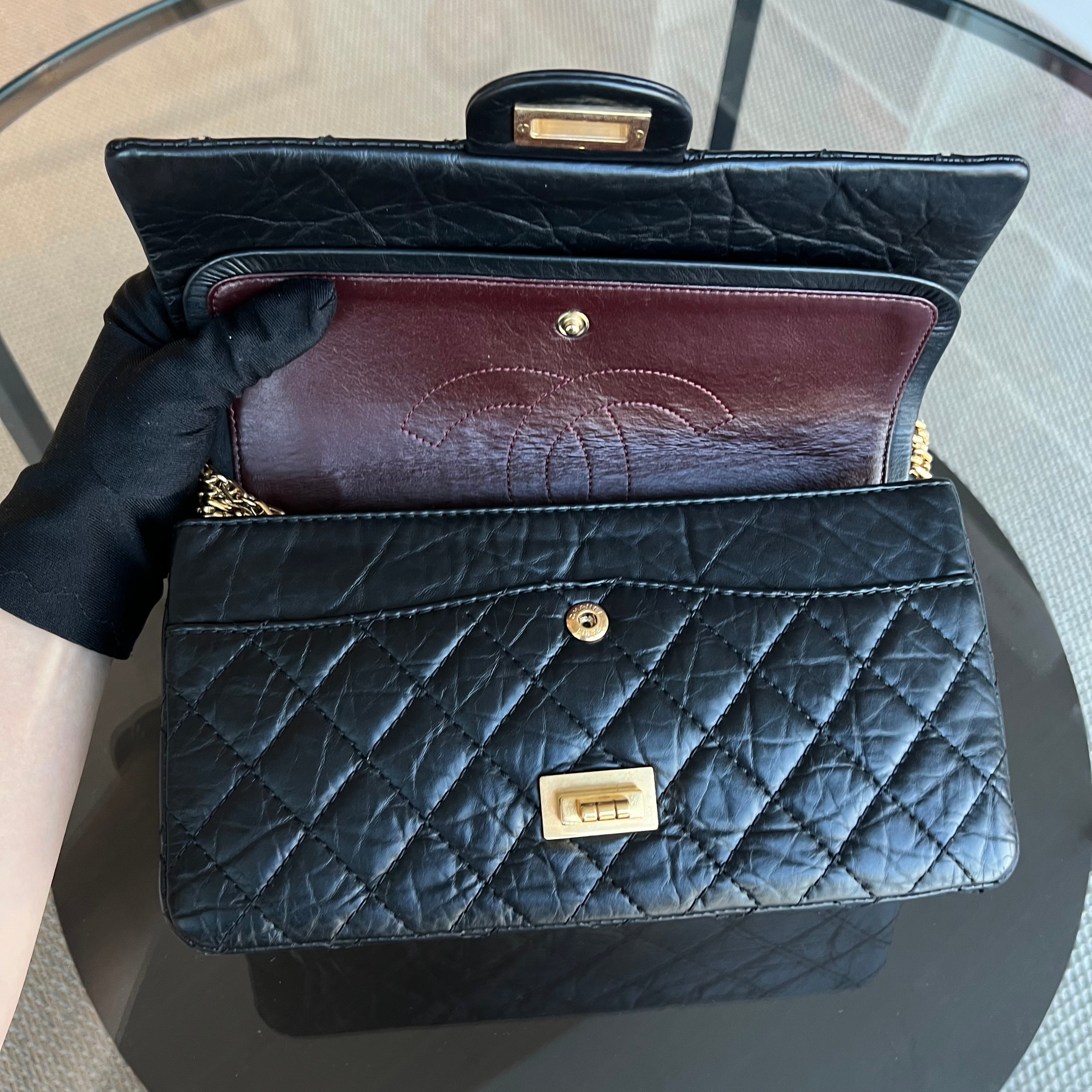 Chanel 2.55 Reissue 225 Medium 24CM Quilted Calfskin Black Ruthenium Golden Hardware Series 13 - Luxury Evermore