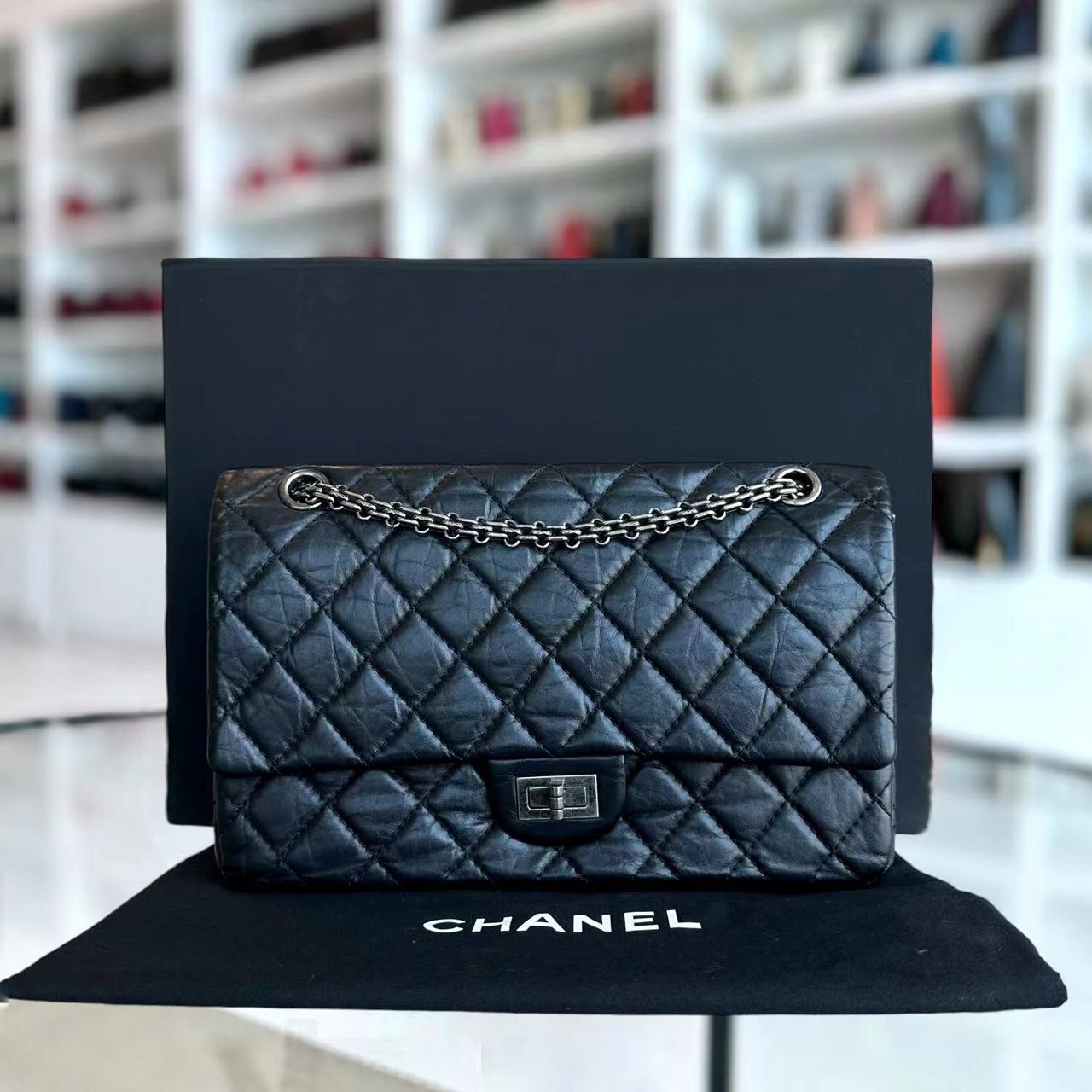 Chanel 2.55 Reissue 226 28CM Quilted Calfskin Black Silver Hardware Series 16 - Luxury Evermore