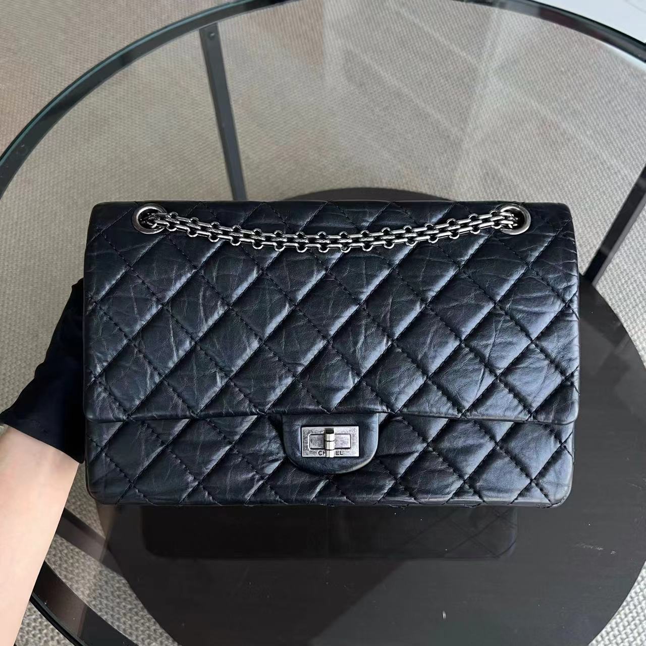 Chanel 2.55 Reissue 226 28CM Quilted Calfskin Black Silver Hardware Series 16 - Luxury Evermore