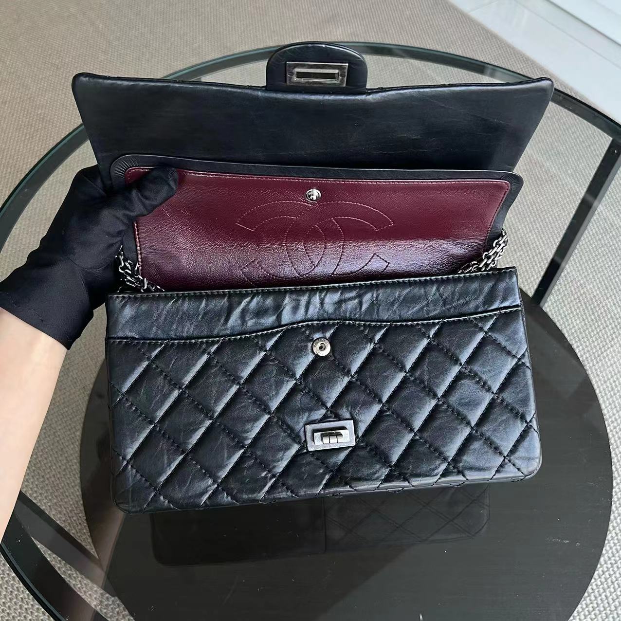 Chanel 2.55 Reissue 226 28CM Quilted Calfskin Black Silver Hardware Series 16 - Luxury Evermore