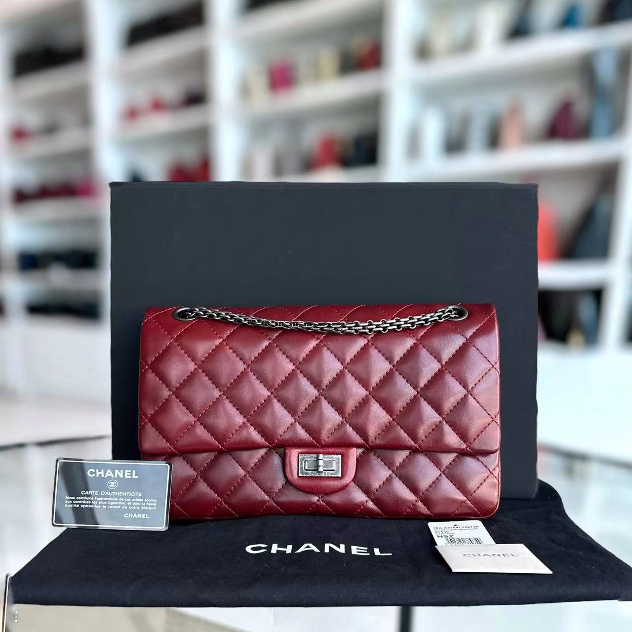 Chanel 2.55 Reissue 226 Medium Quilted Glazed Calfskin Burgundy Silver Hardware Series 13 - Luxury Evermore