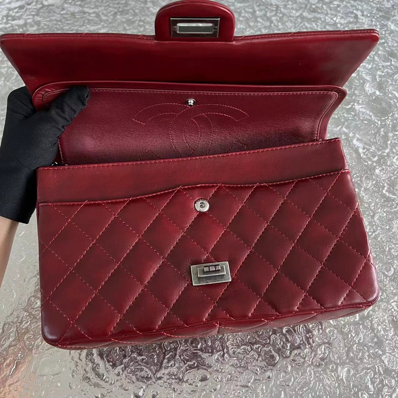 Chanel 2.55 Reissue 226 Medium Quilted Glazed Calfskin Burgundy Silver Hardware Series 13 - Luxury Evermore