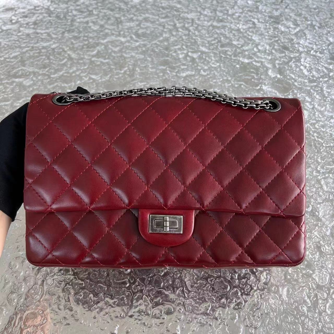 Chanel 2.55 Reissue 226 Medium Quilted Glazed Calfskin Burgundy Silver Hardware Series 13 - Luxury Evermore