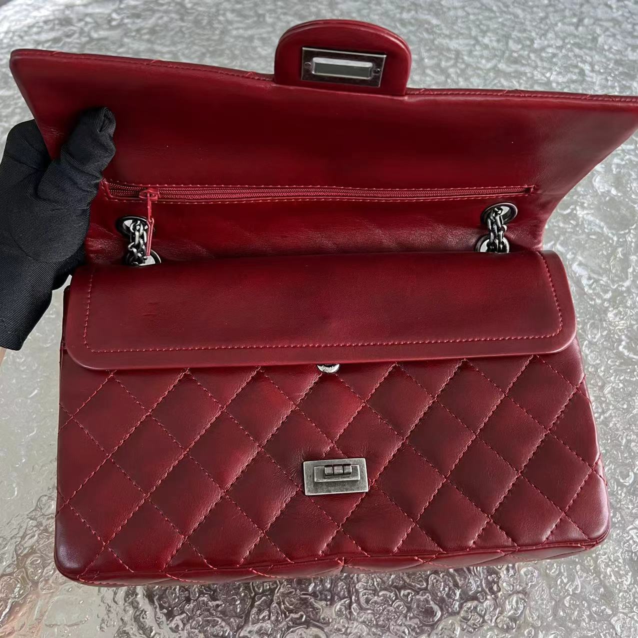 Chanel 2.55 Reissue 226 Medium Quilted Glazed Calfskin Burgundy Silver Hardware Series 13 - Luxury Evermore