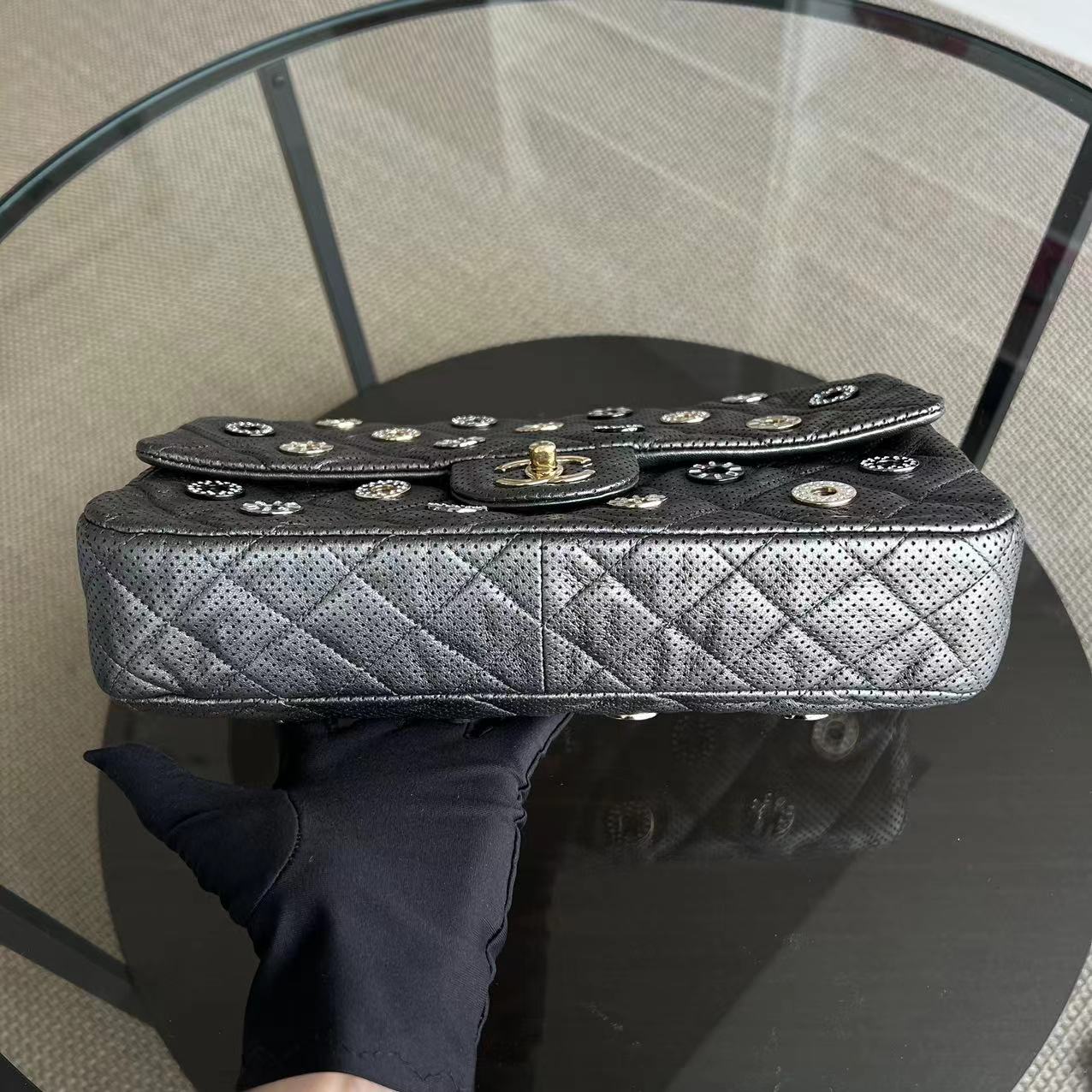 Chanel 2015 Cruise Paris-Dubai Seasonal Flap Perforated Metallic Grey Golden Hardware Series 20 - Luxury Evermore