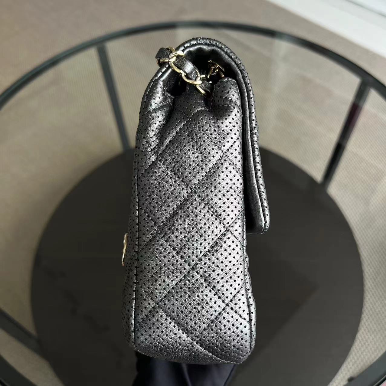 Chanel 2015 Cruise Paris-Dubai Seasonal Flap Perforated Metallic Grey Golden Hardware Series 20 - Luxury Evermore