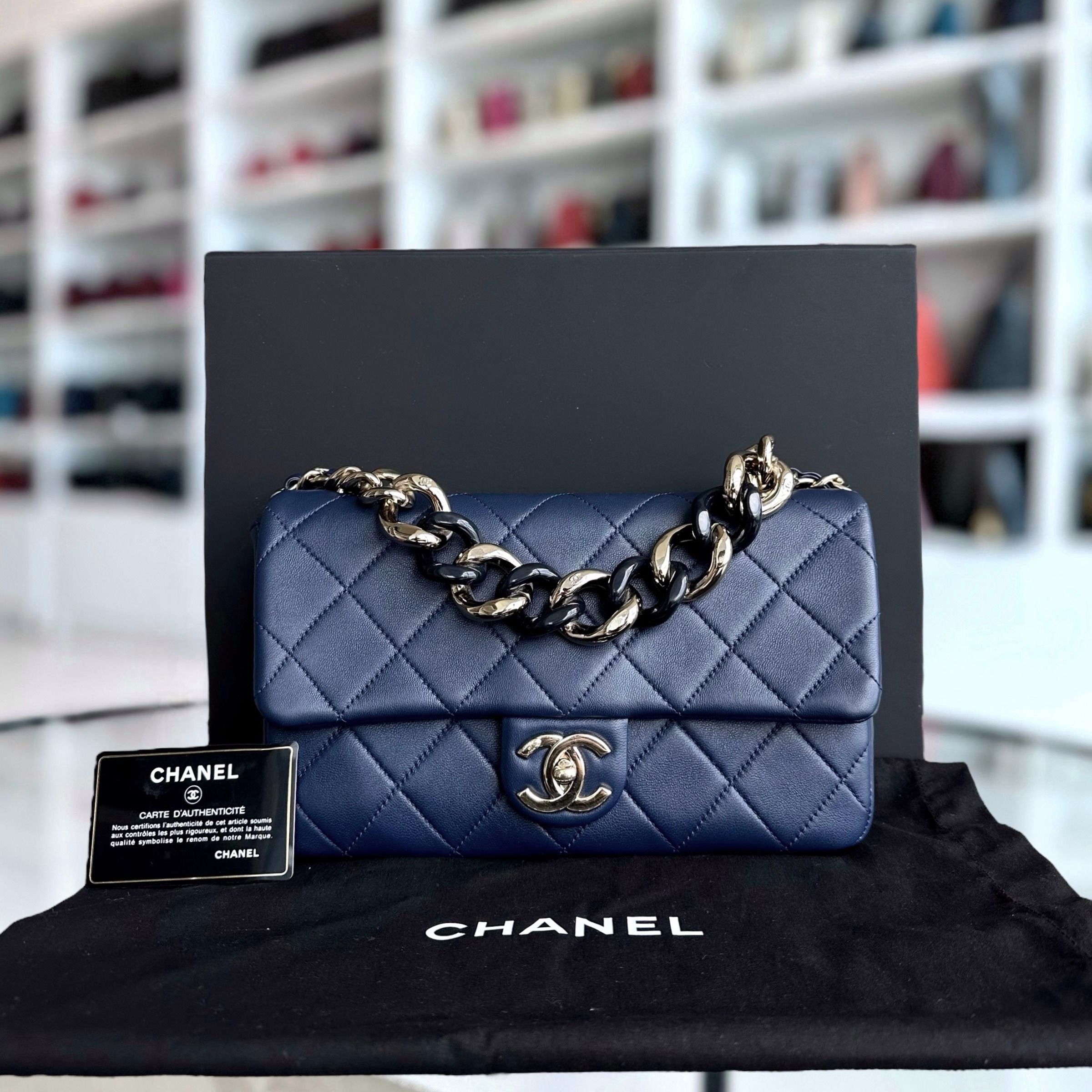 Chanel 2020 Elegant Resin Chain Classic Flap Quilted Lambskin Dark Blue GHW No 29 - Luxury Evermore