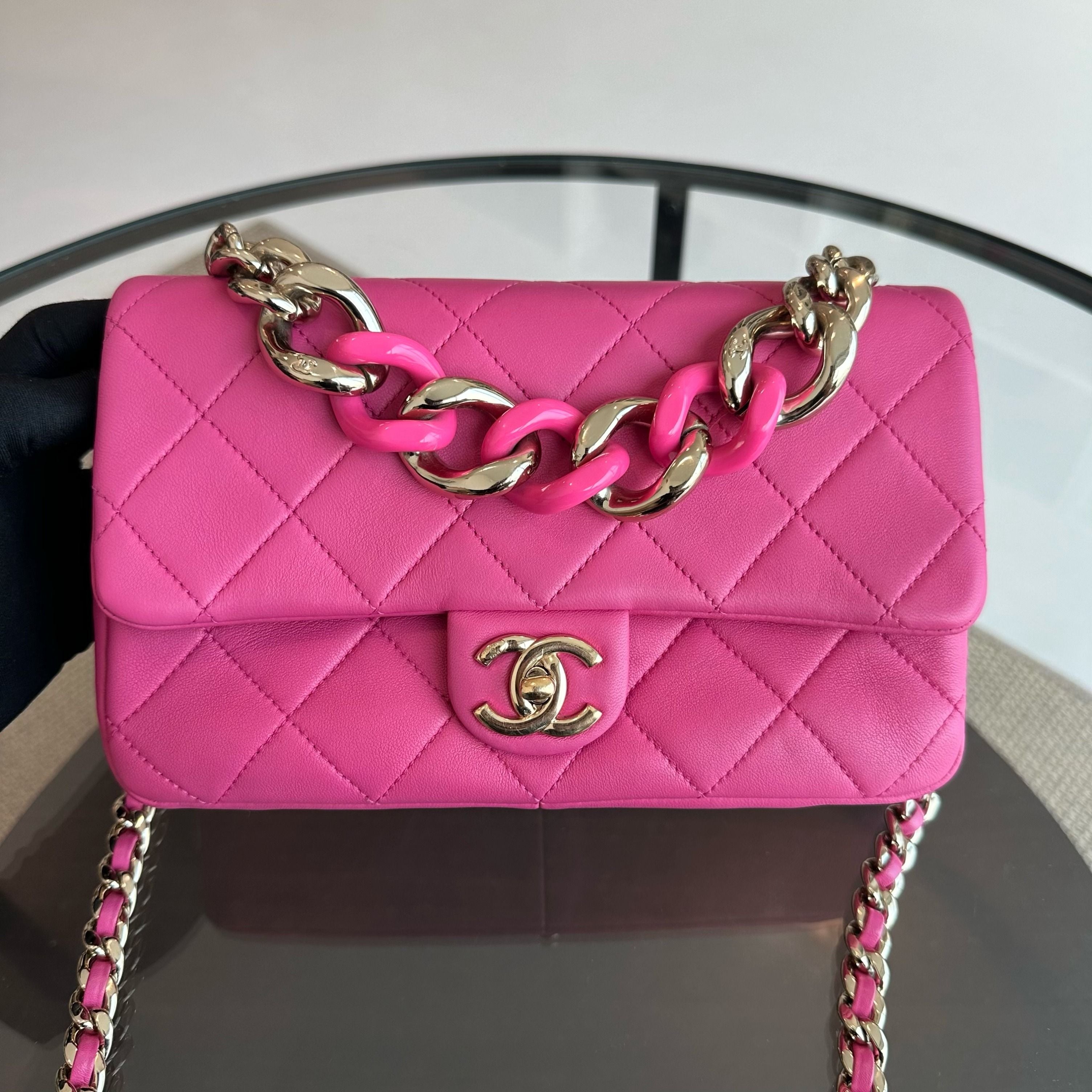 Chanel 2020 Elegant Resin Chain Classic Flap Quilted Lambskin Hot Pink GHW No 29 - Luxury Evermore