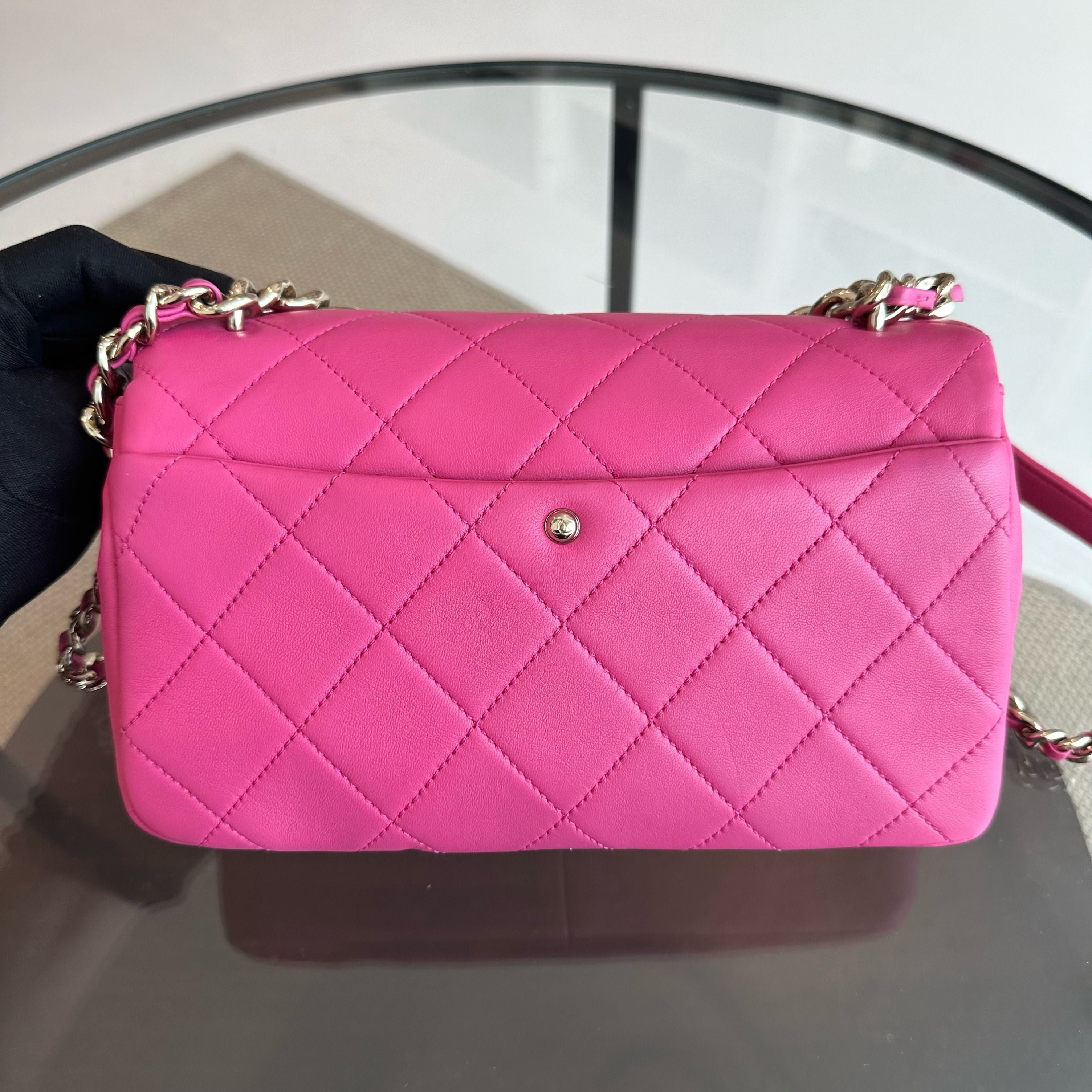 Chanel 2020 Elegant Resin Chain Classic Flap Quilted Lambskin Hot Pink GHW No 29 - Luxury Evermore