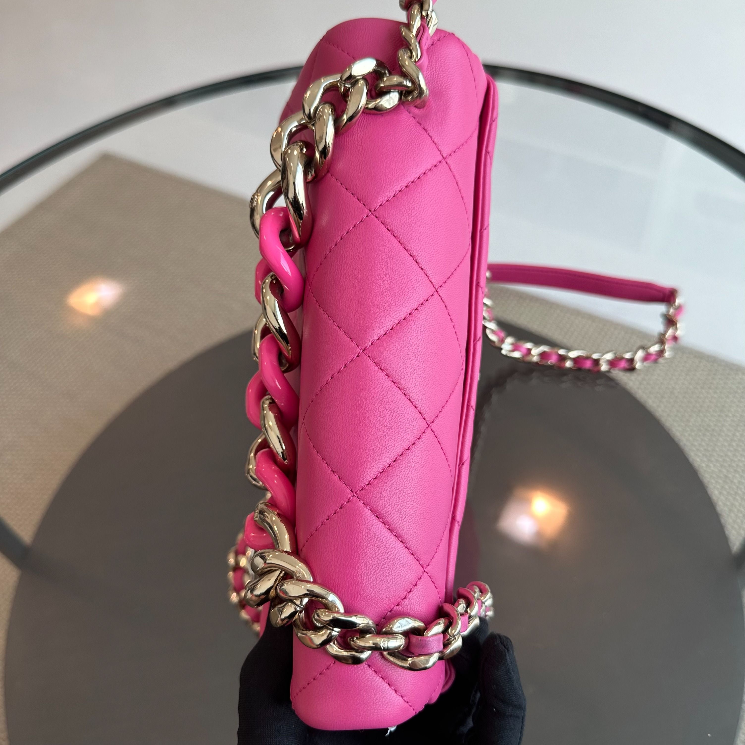 Chanel 2020 Elegant Resin Chain Classic Flap Quilted Lambskin Hot Pink GHW No 29 - Luxury Evermore