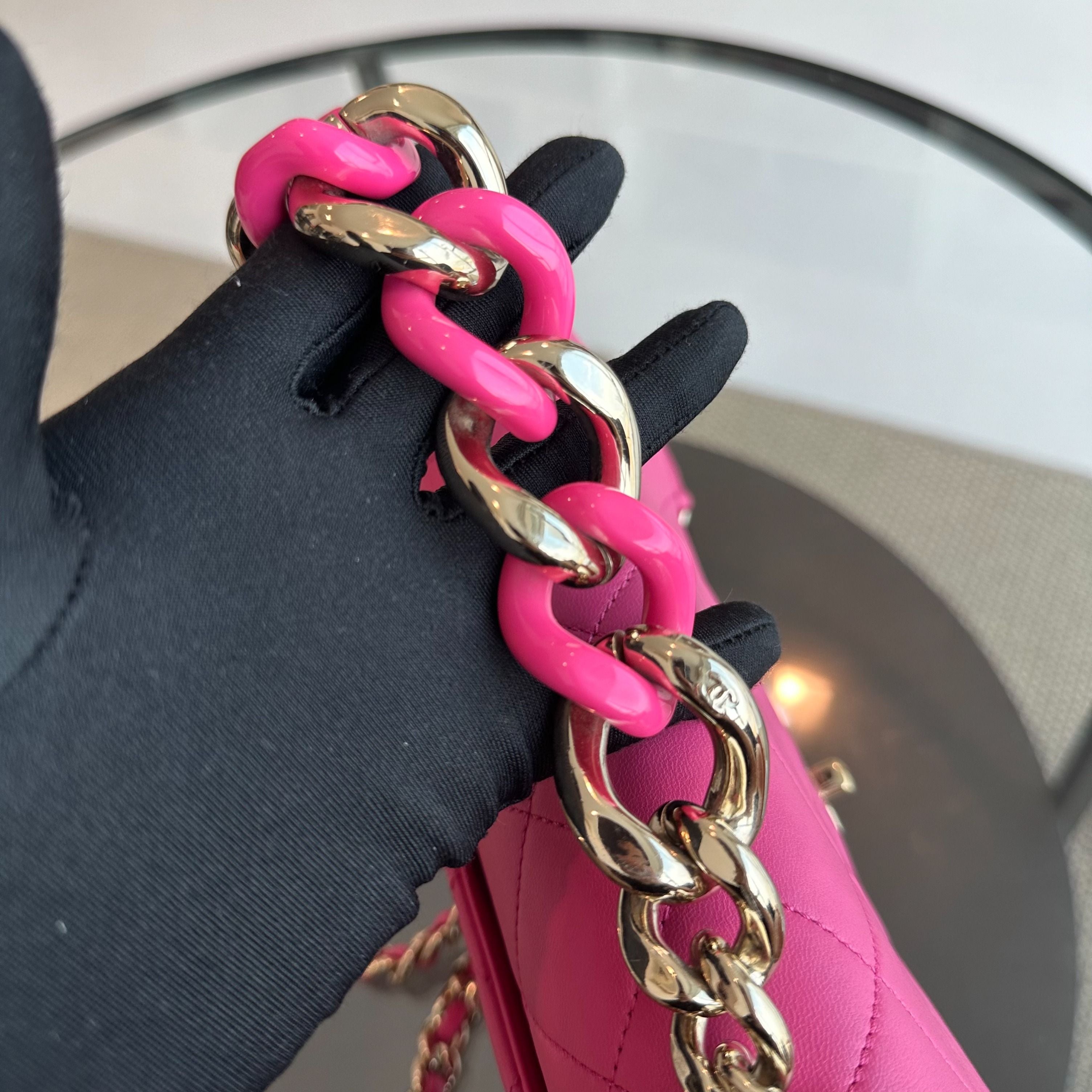 Chanel 2020 Elegant Resin Chain Classic Flap Quilted Lambskin Hot Pink GHW No 29 - Luxury Evermore