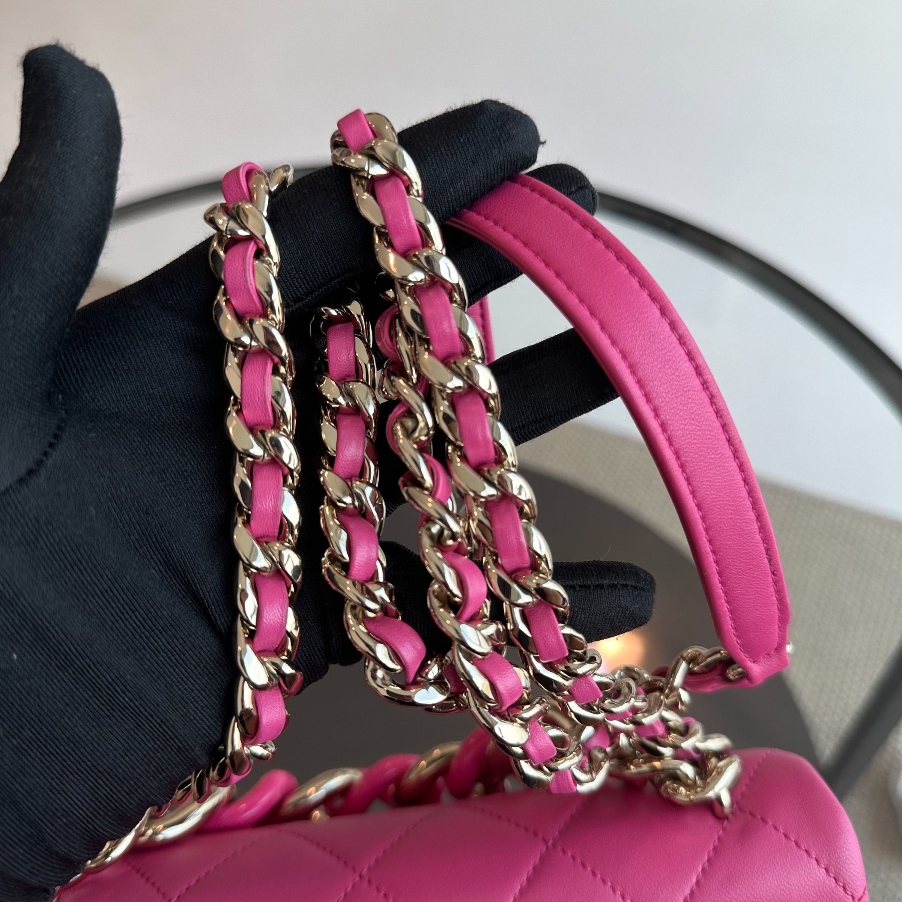 Chanel 2020 Elegant Resin Chain Classic Flap Quilted Lambskin Hot Pink GHW No 29 - Luxury Evermore