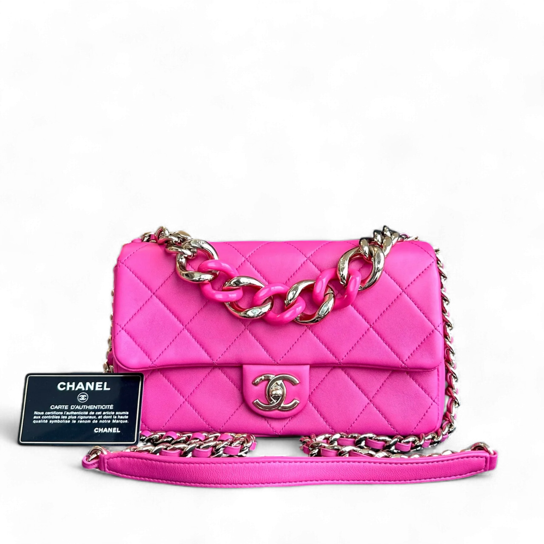 Chanel 2020 Elegant Resin Chain Classic Flap - Quilted Lambskin Hot Pink Two-Tone Golden Hardware No 29