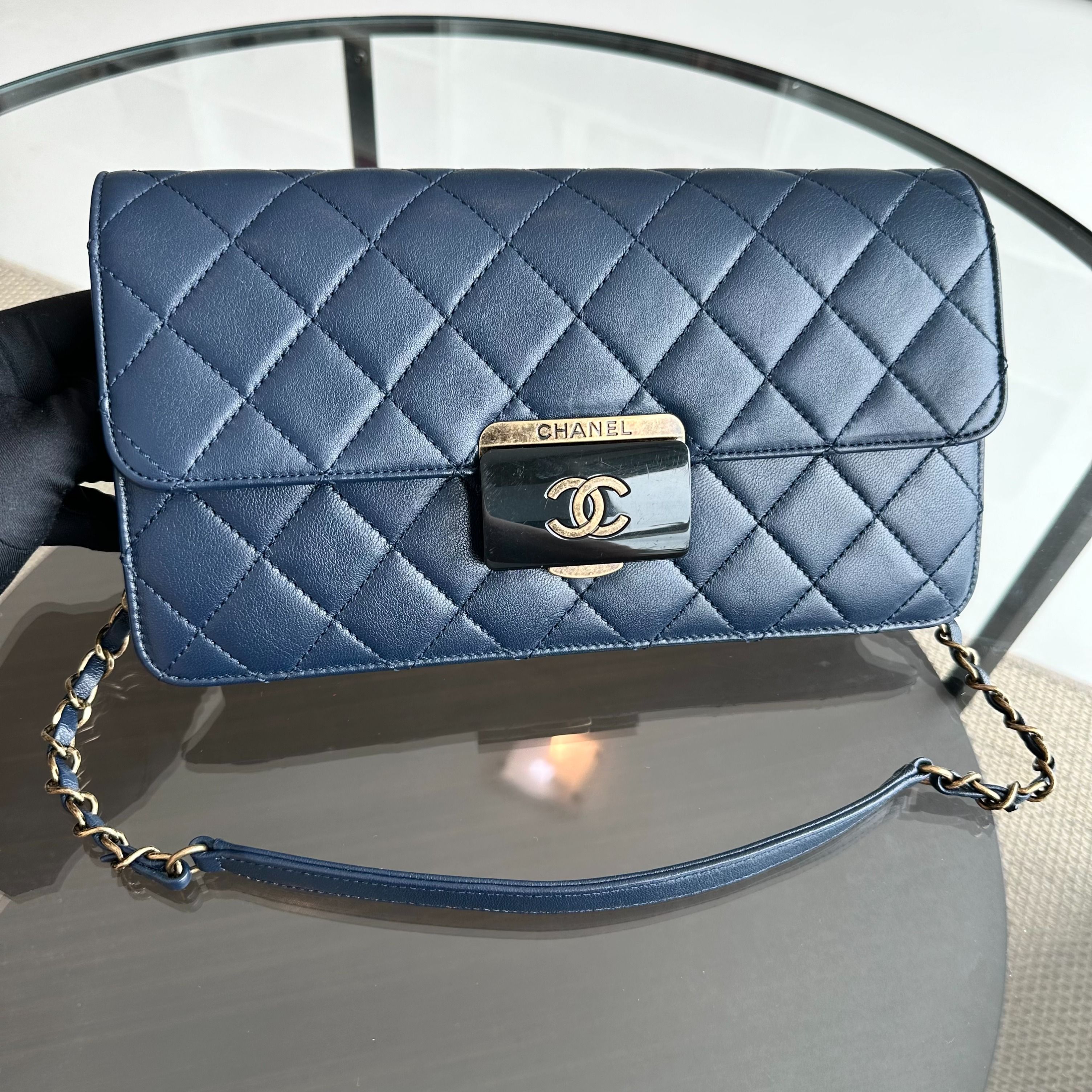 Chanel Beauty Lock Flap Quilted Dark Blue Shoulder Bag No 22 - Luxury Evermore