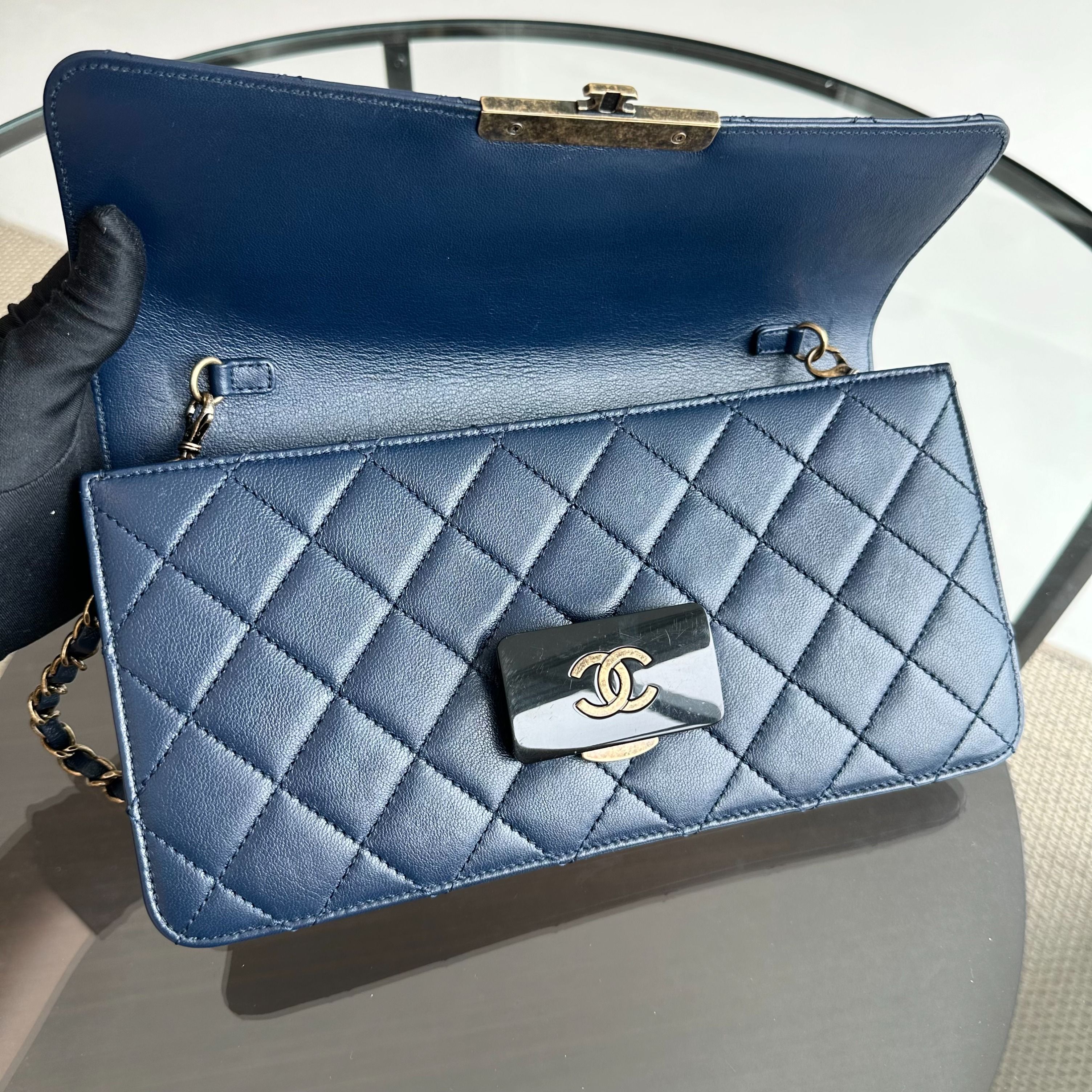 Chanel Beauty Lock Flap Quilted Dark Blue Shoulder Bag No 22 - Luxury Evermore