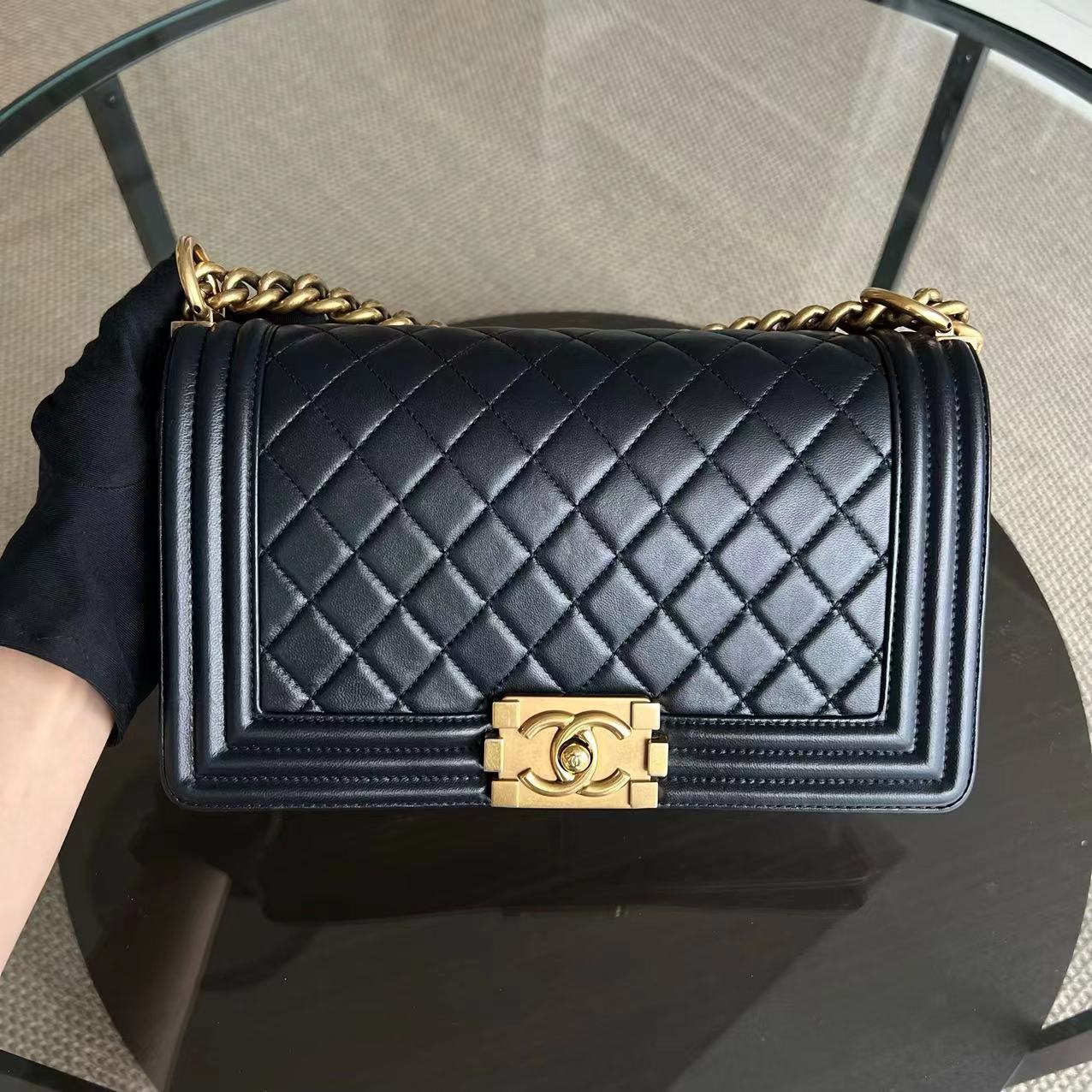 Chanel Black Boy Old Medium 25CM Quilted Lambskin Iridescent Leboy Black GHW No 20 - Luxury Evermore