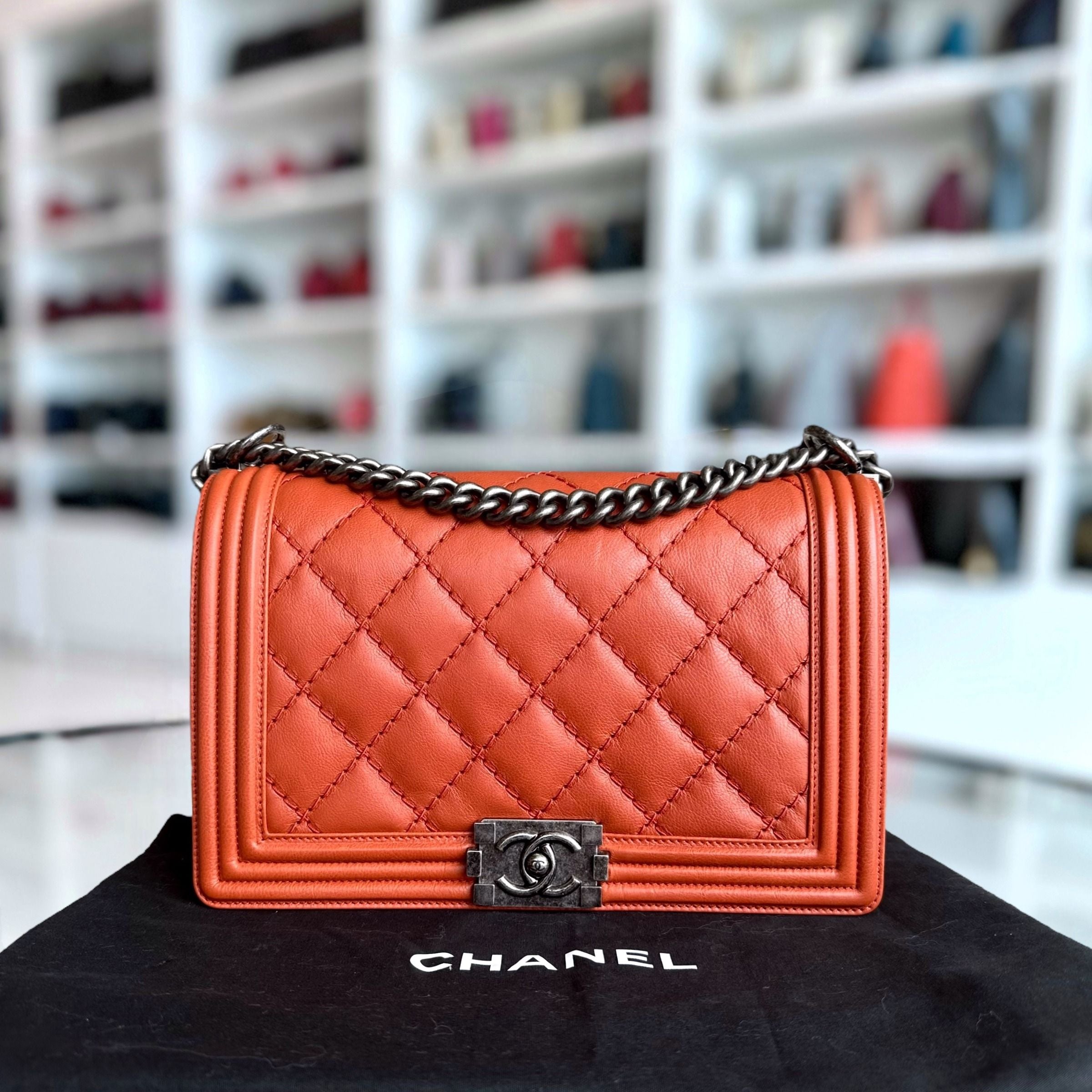 Chanel Boy Calfskin New Medium 28CM Quilted Orange Leboy RSHW No 18 - Luxury Evermore