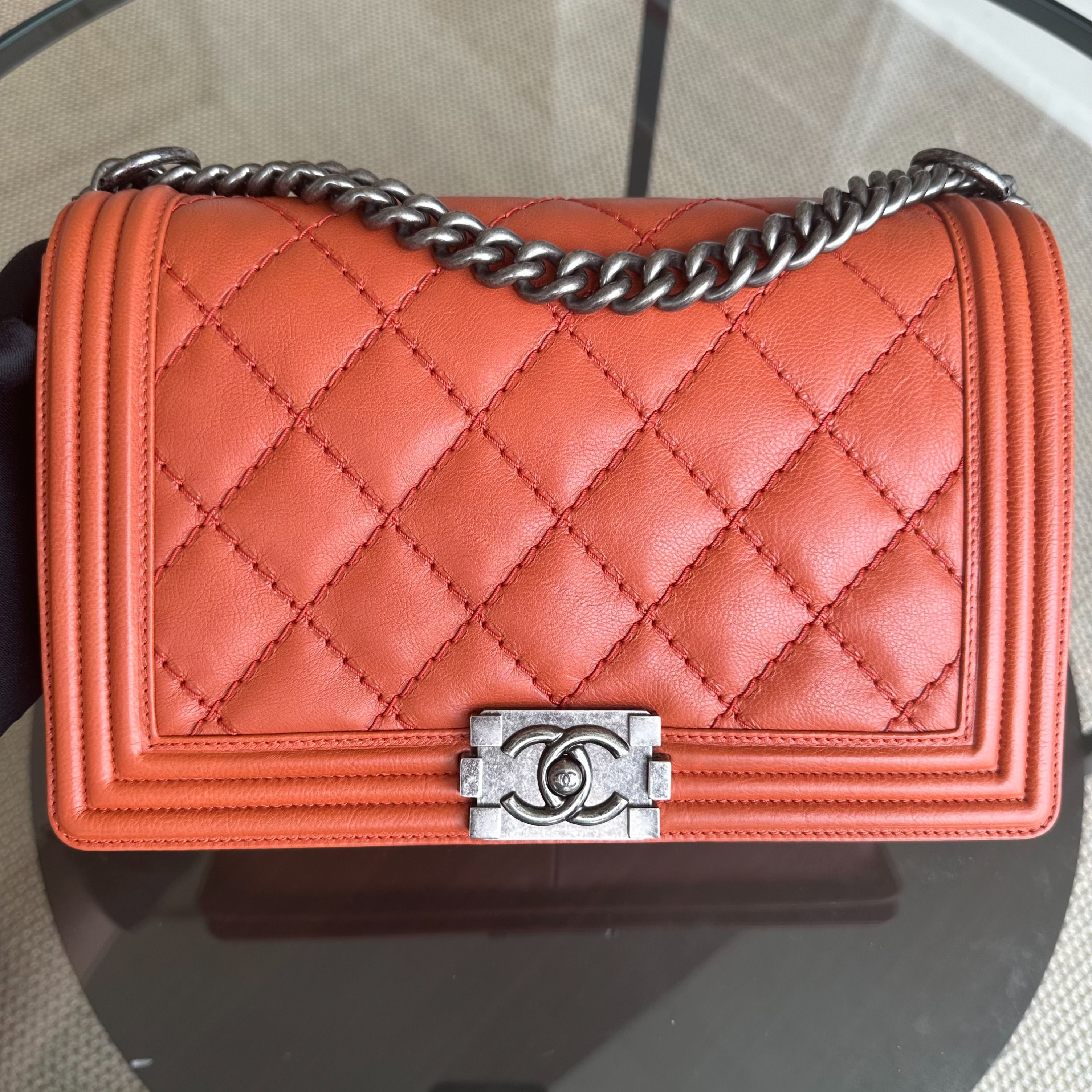 Chanel Boy Calfskin New Medium 28CM Quilted Orange Leboy RSHW No 18 - Luxury Evermore