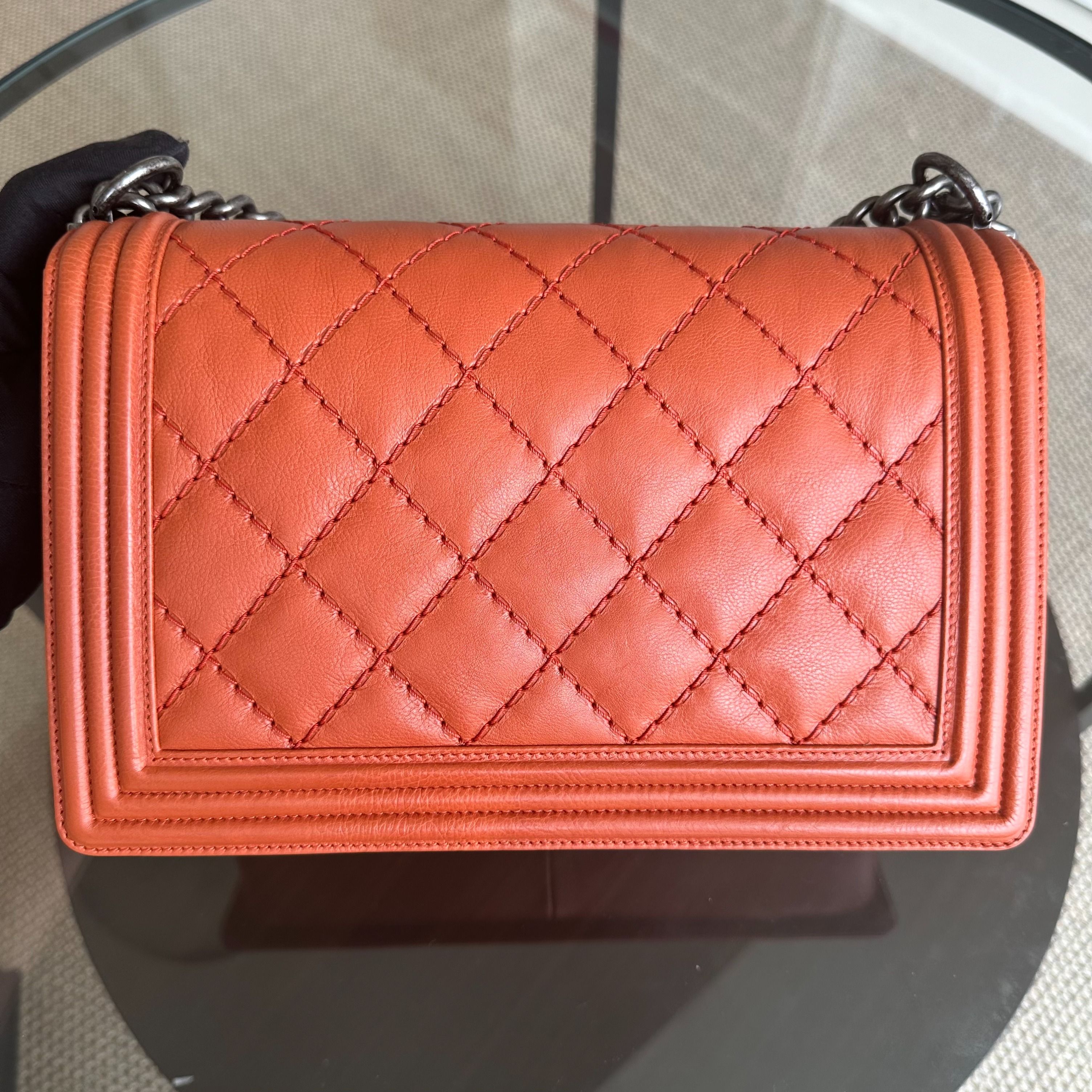 Chanel Boy Calfskin New Medium 28CM Quilted Orange Leboy RSHW No 18 - Luxury Evermore