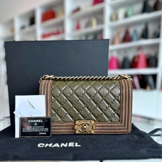 Chanel Boy Calfskin Old Medium 25CM Limited Edition Leboy Green Brown No 18 - Luxury Evermore