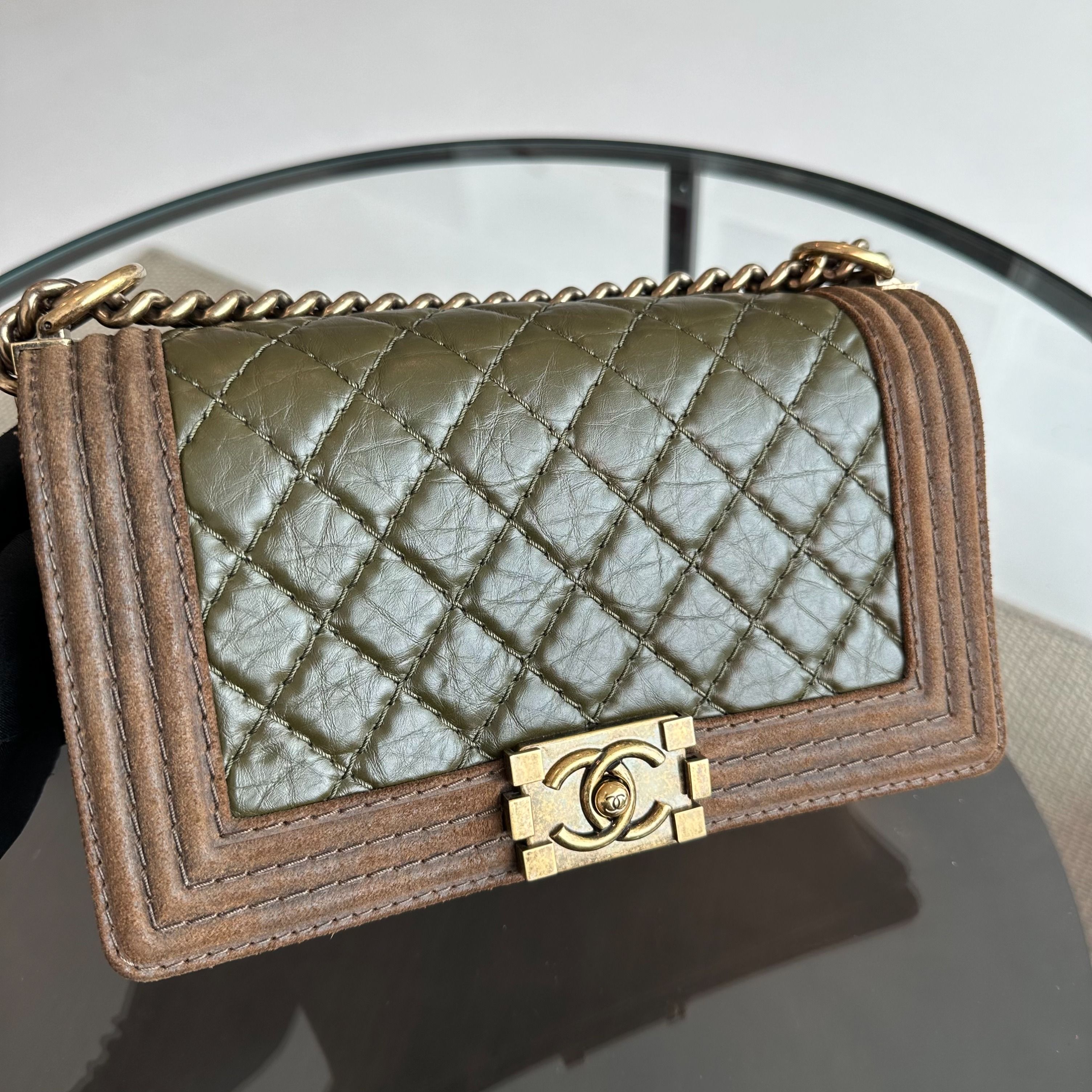 Chanel Boy Calfskin Old Medium 25CM Limited Edition Leboy Green Brown No 18 - Luxury Evermore