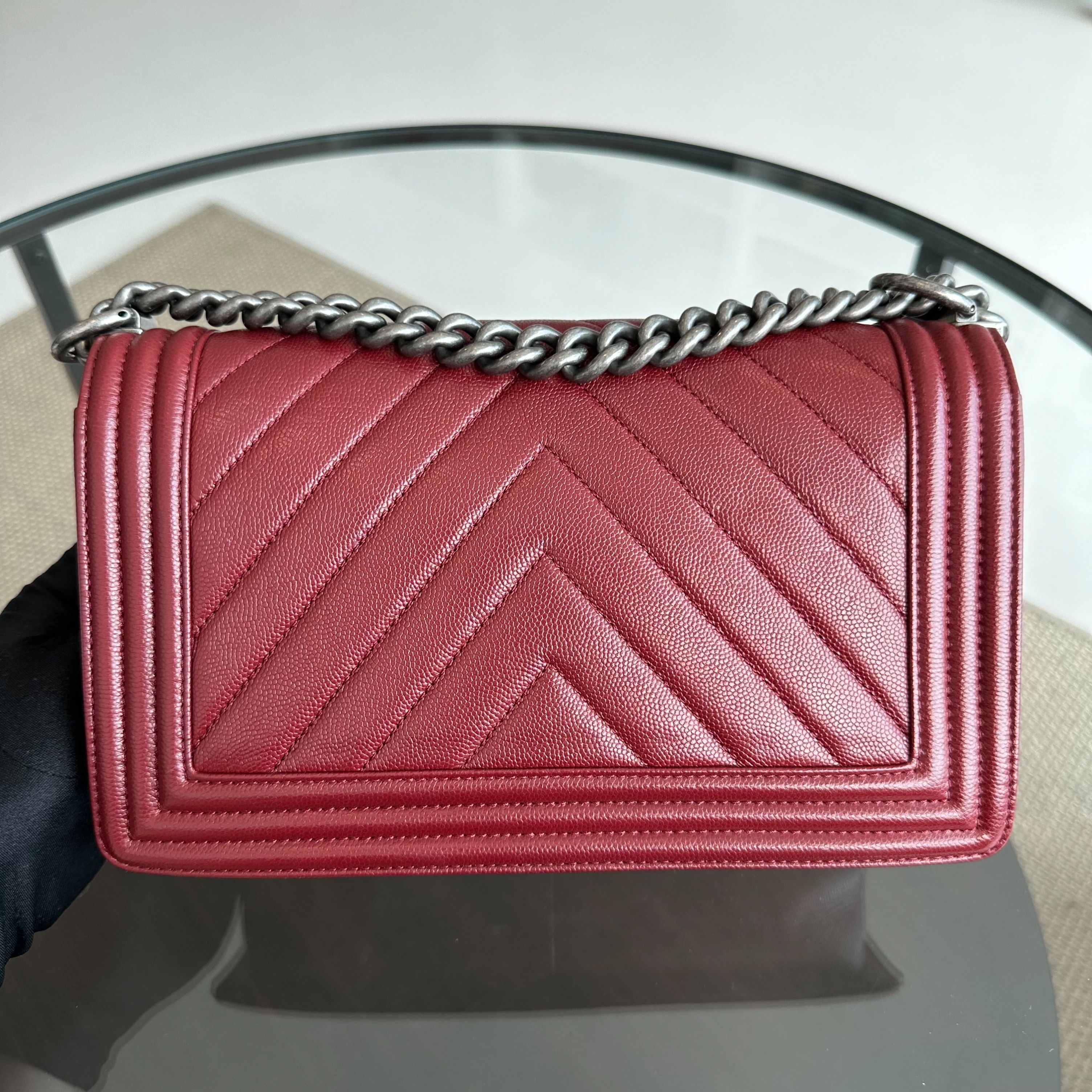 Chanel Boy Caviar Chevron Old Medium 25CM Leboy Burgundy RSHW No 24 - Luxury Evermore