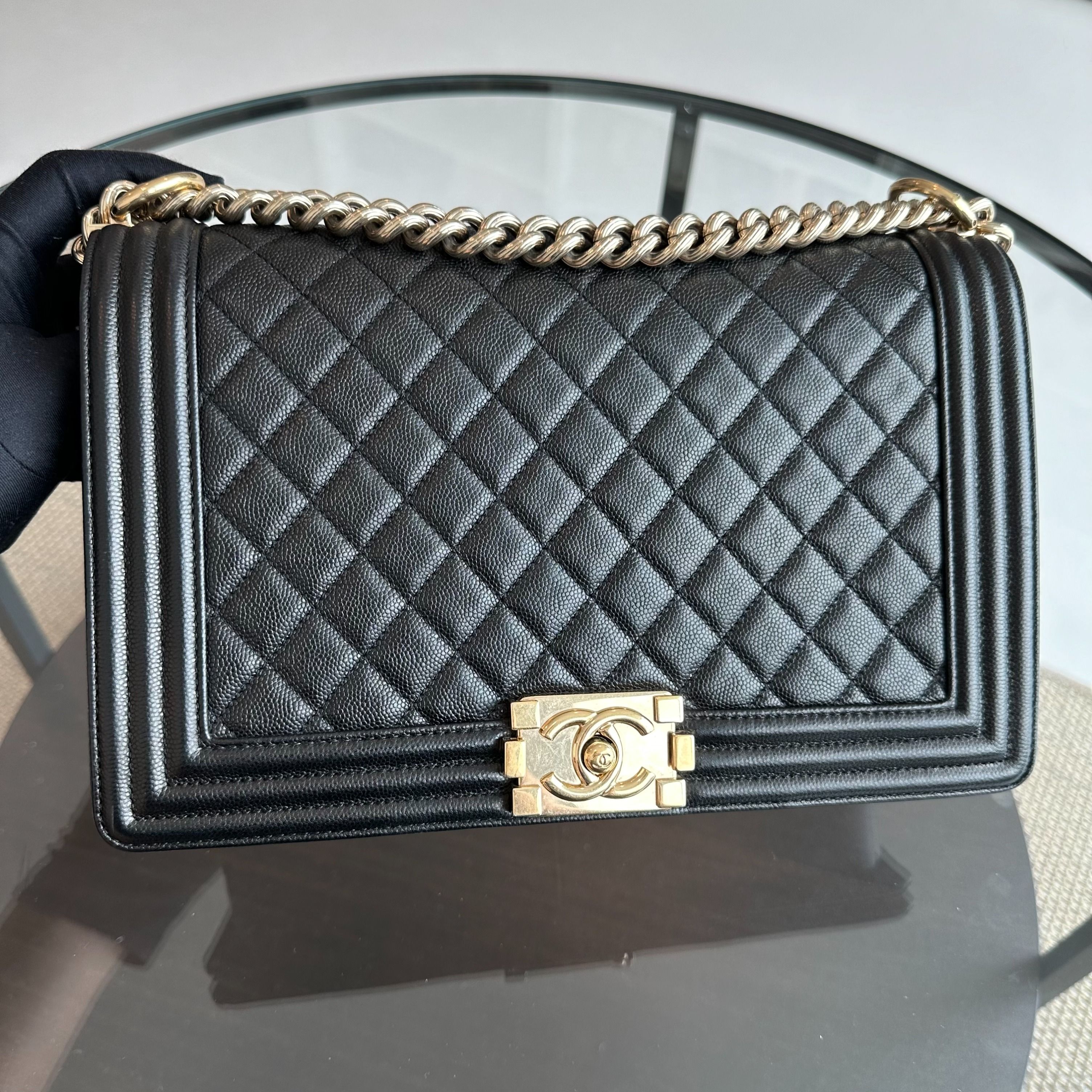 Chanel Boy Caviar New Medium 28CM Leboy Black GHW No 23 - Luxury Evermore