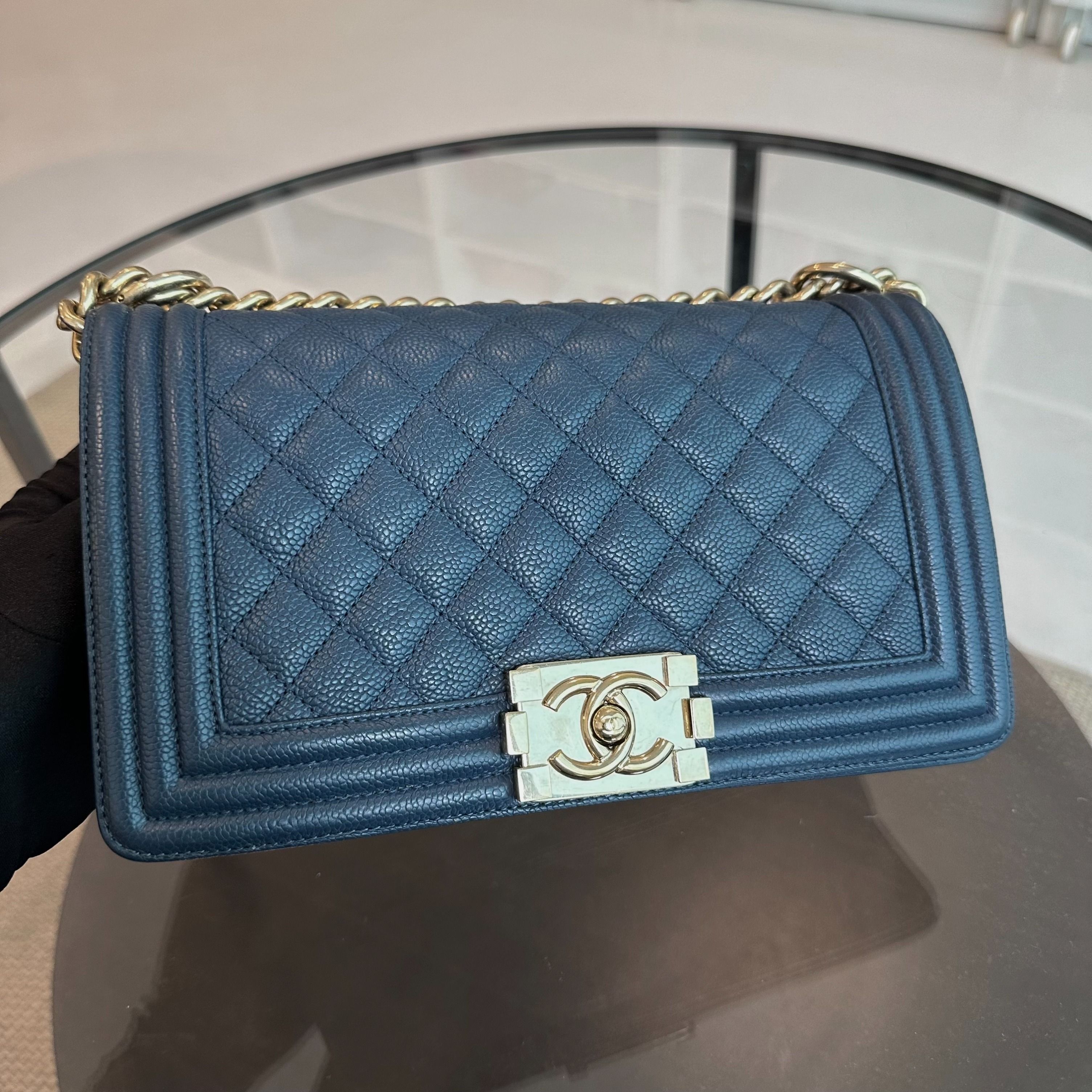 Chanel Boy Caviar Old Medium 25 CM Dark Blue GHW No 23 - Luxury Evermore