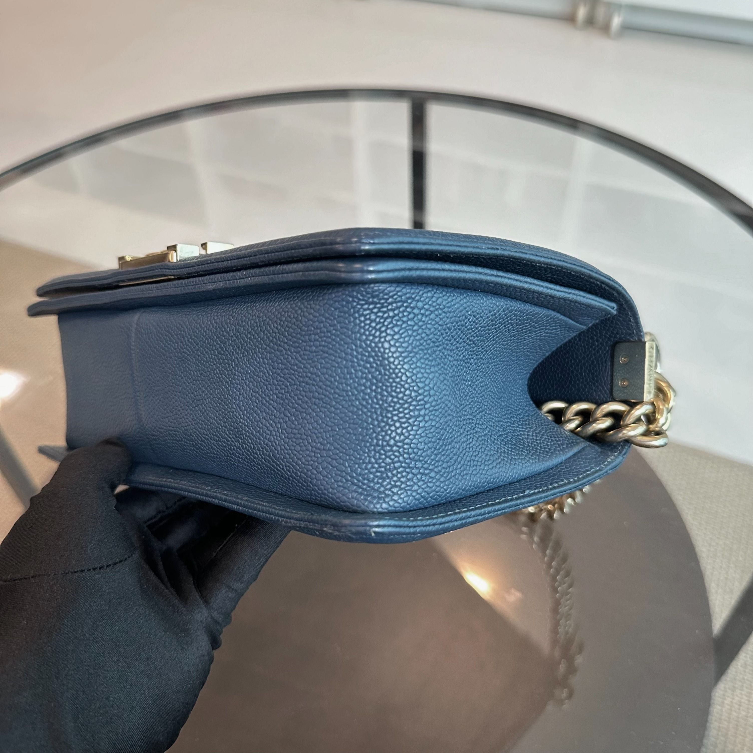 Chanel Boy Caviar Old Medium 25 CM Dark Blue GHW No 23 - Luxury Evermore