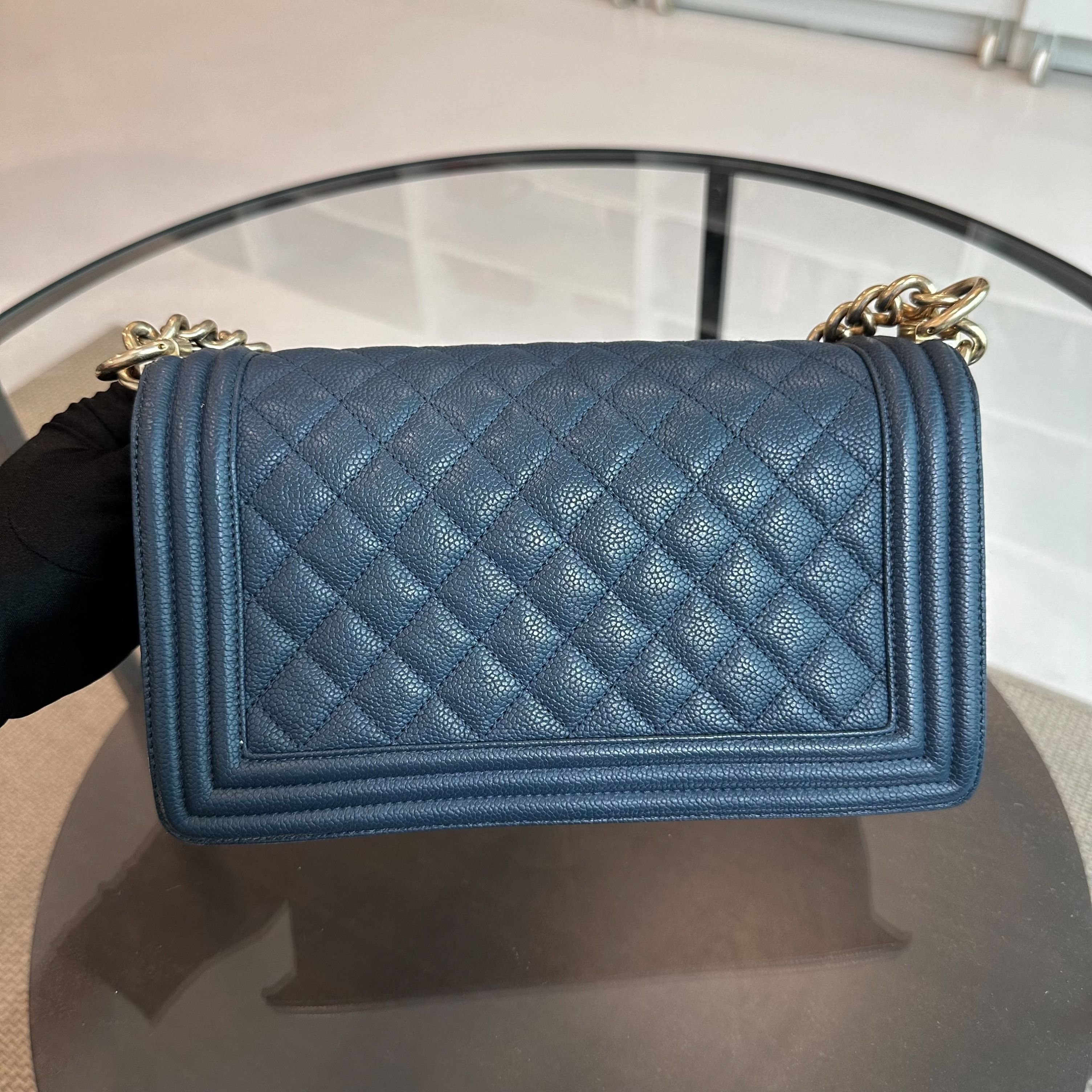 Chanel Boy Caviar Old Medium 25 CM Dark Blue GHW No 23 - Luxury Evermore