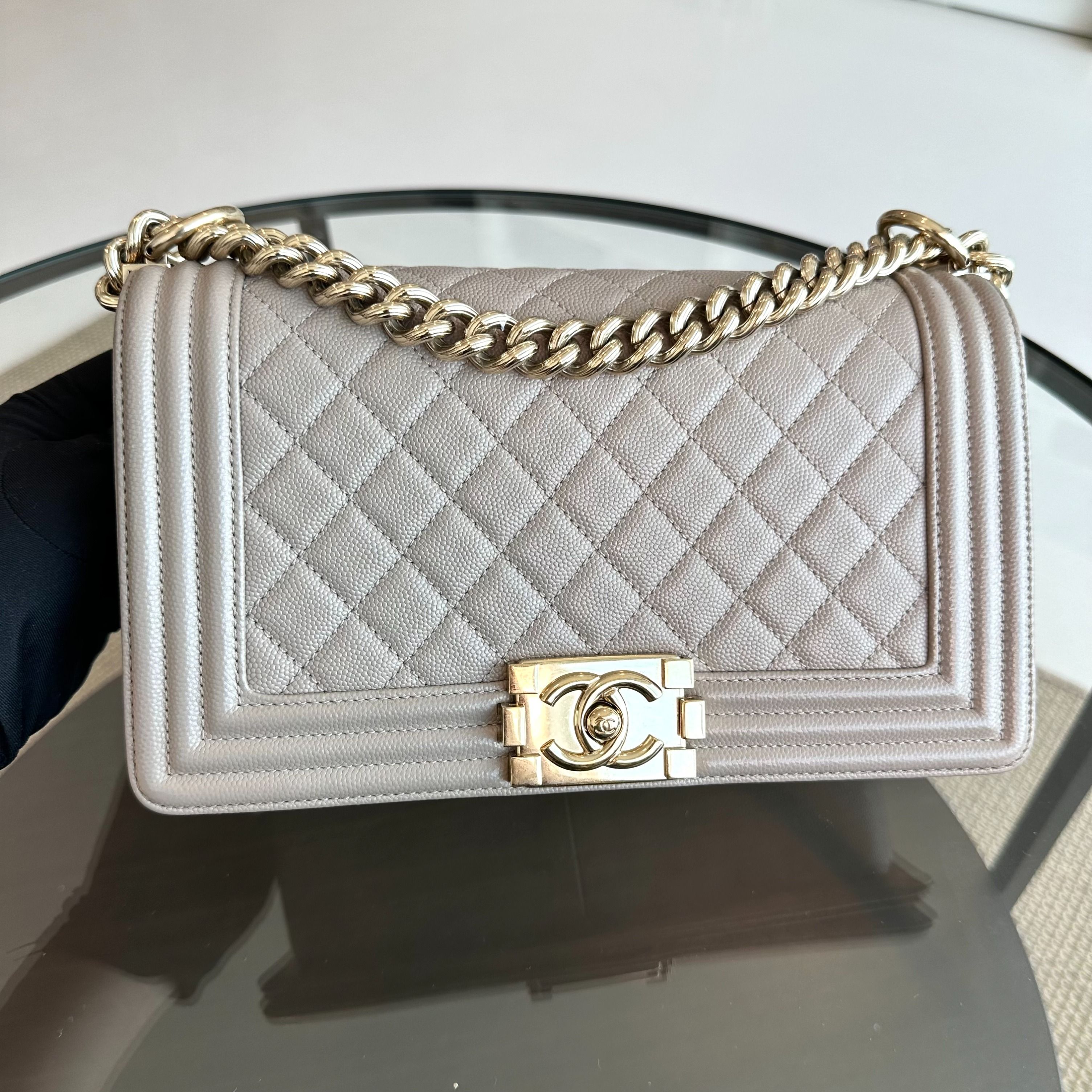 Chanel Boy Caviar Old Medium 25CM Leboy Light Grey Beige GHW No 23 - Luxury Evermore