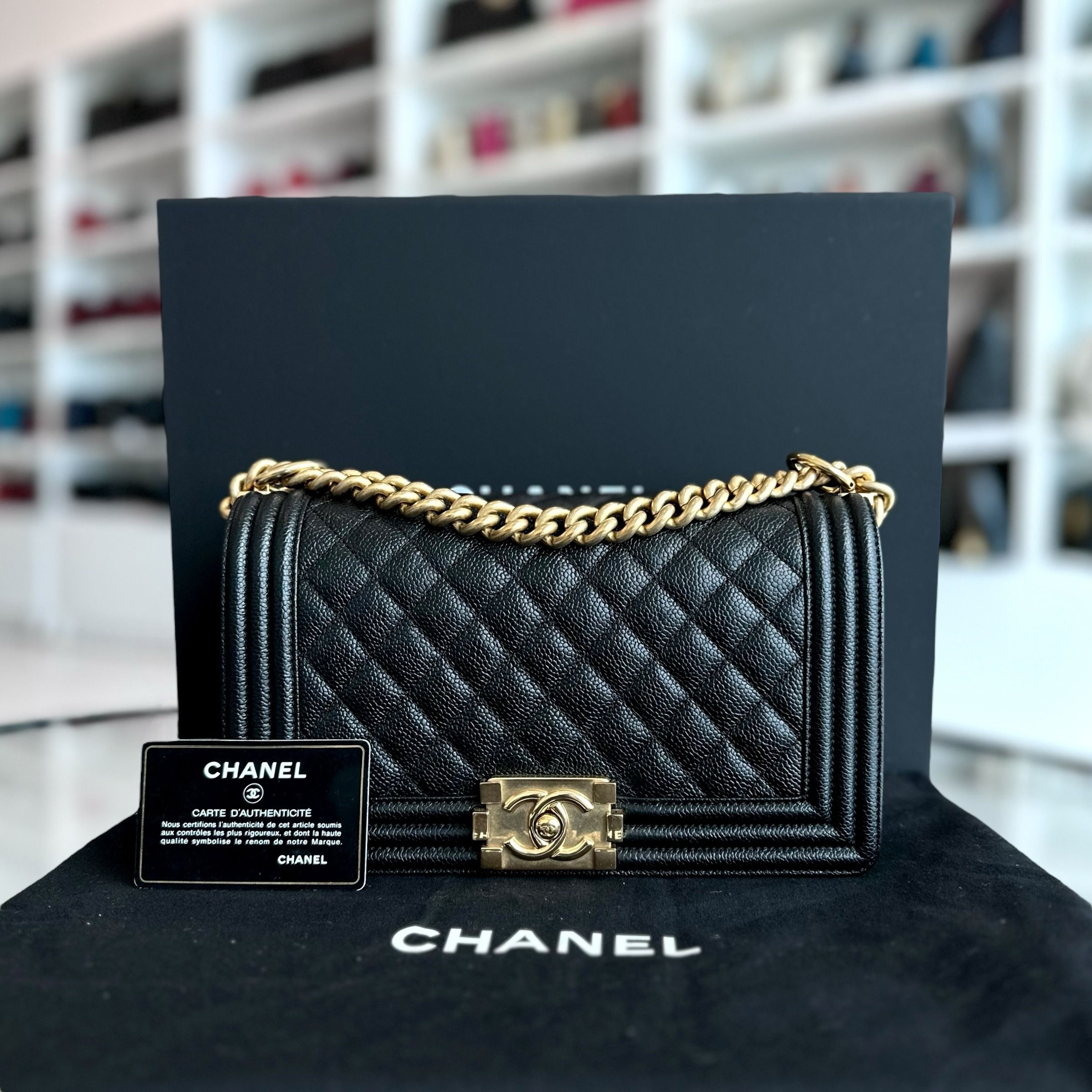 Chanel Boy Caviar Old Medium 25CM Quilted Black Leboy GHW No 23 - Luxury Evermore