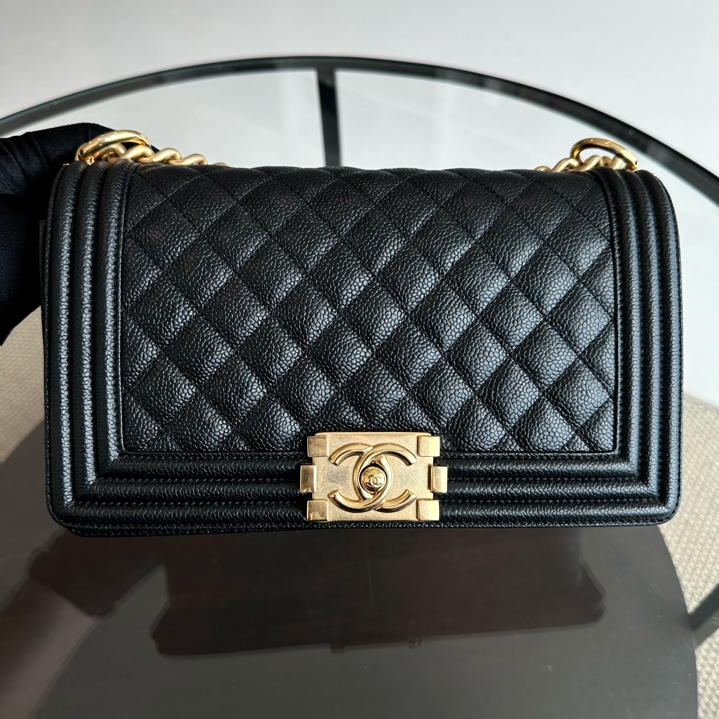 Chanel Boy Caviar Old Medium 25CM Quilted Black Leboy GHW No 23 - Luxury Evermore