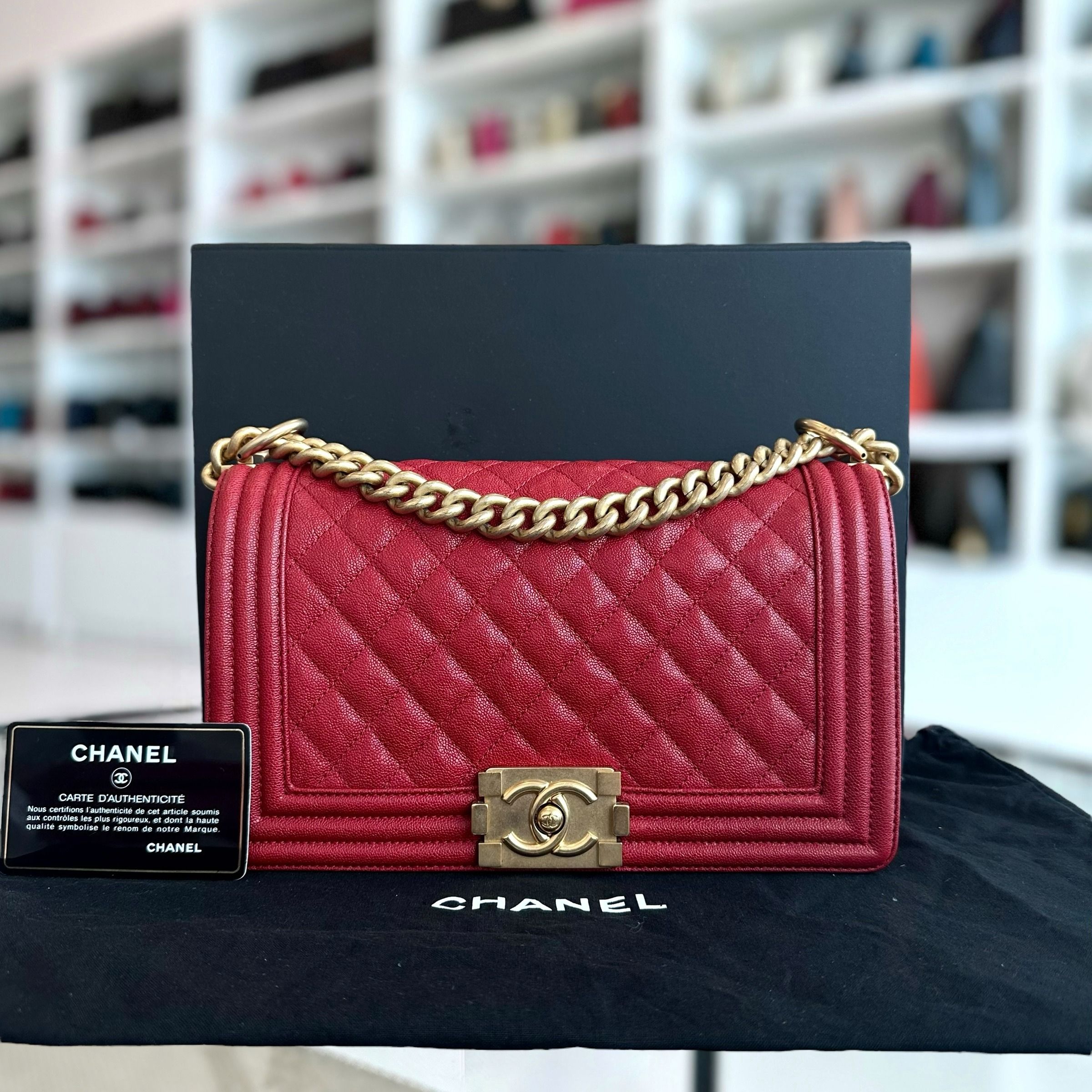 Chanel Boy Caviar Old Medium 25CM Quilted Calfskin Leboy Red GHW No 26 - Luxury Evermore