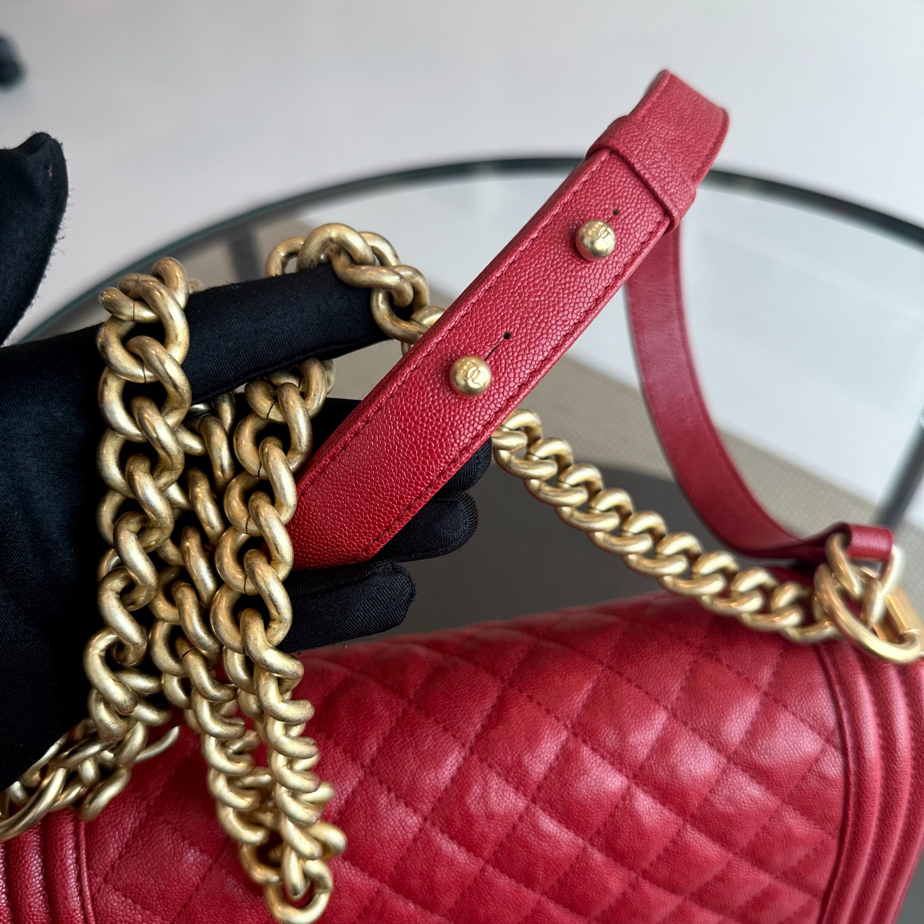 Chanel Boy Caviar Old Medium 25CM Quilted Calfskin Leboy Red GHW No 26 - Luxury Evermore