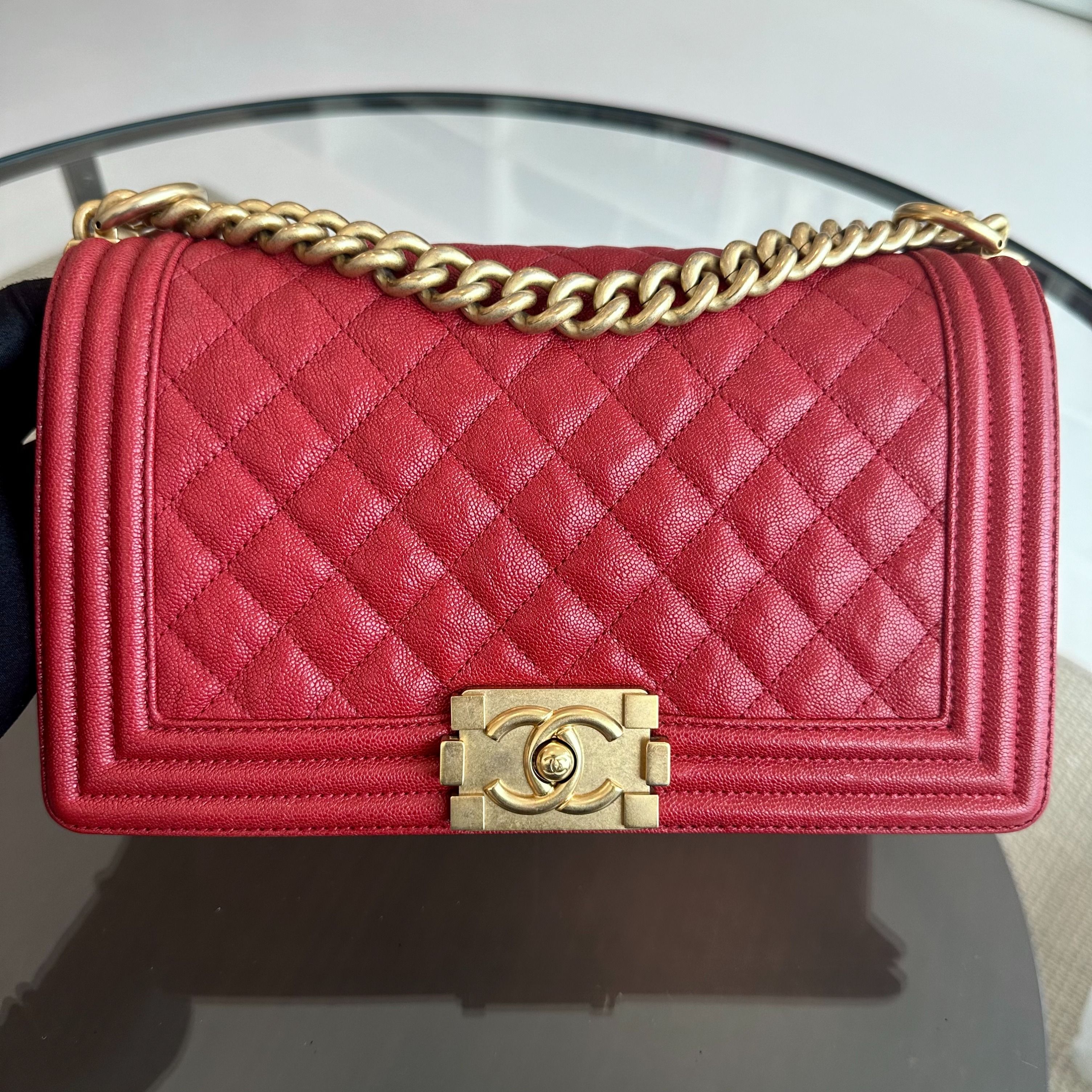 Chanel Boy Caviar Old Medium 25CM Quilted Calfskin Leboy Red GHW No 26 - Luxury Evermore