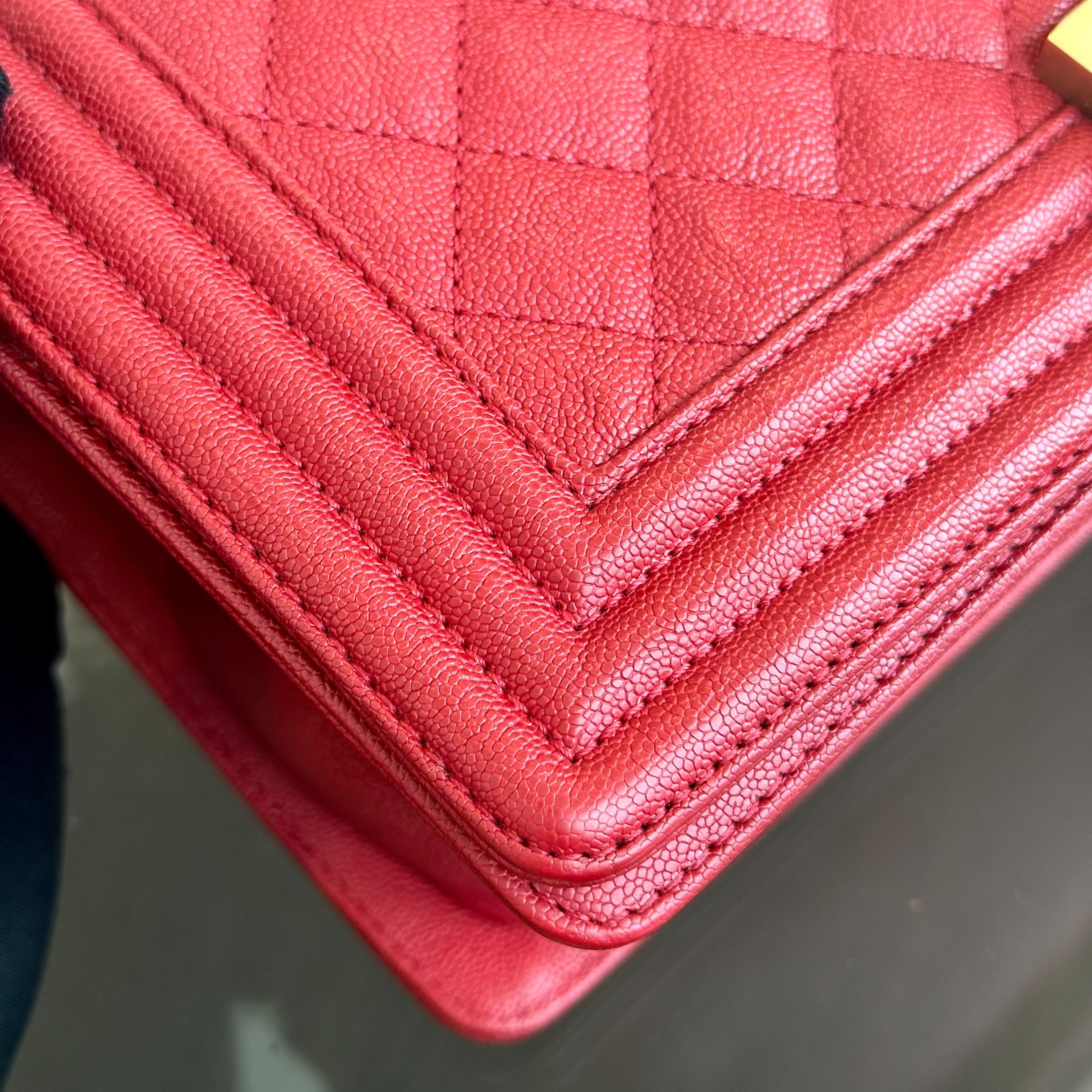 Chanel Boy Caviar Old Medium 25CM Quilted Calfskin Leboy Red GHW No 26 - Luxury Evermore